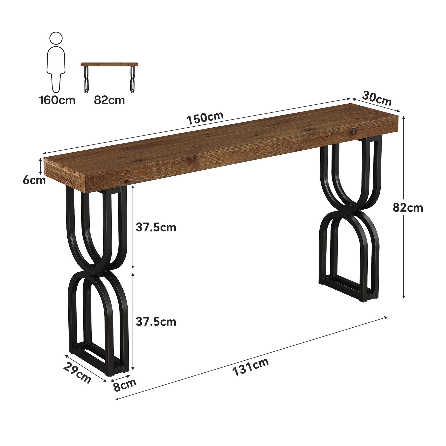 Tribesigns Konsolentisch aus Massivholz, 150 cm schmaler Flurtisch im Industrial-Stil mit U-förmigen Metallbeinen