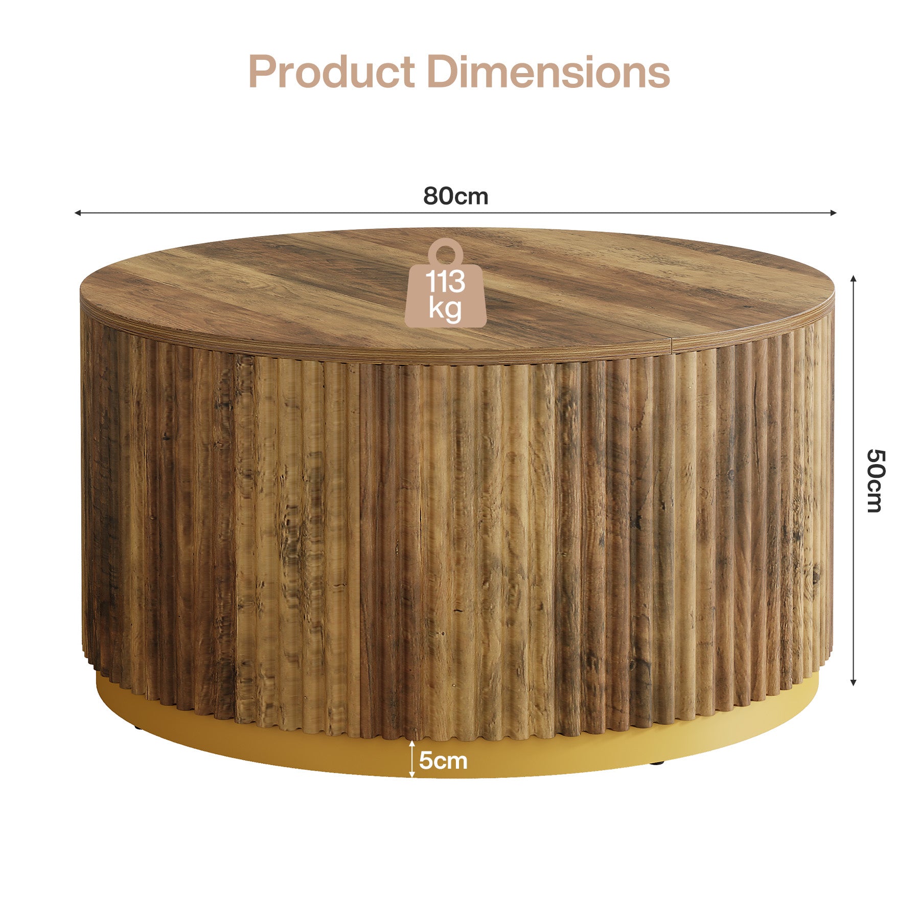 Runder Couchtisch 80 cm mit geriffeltem Design, Wohnzimmertisch mit stabiler Trommelbasis