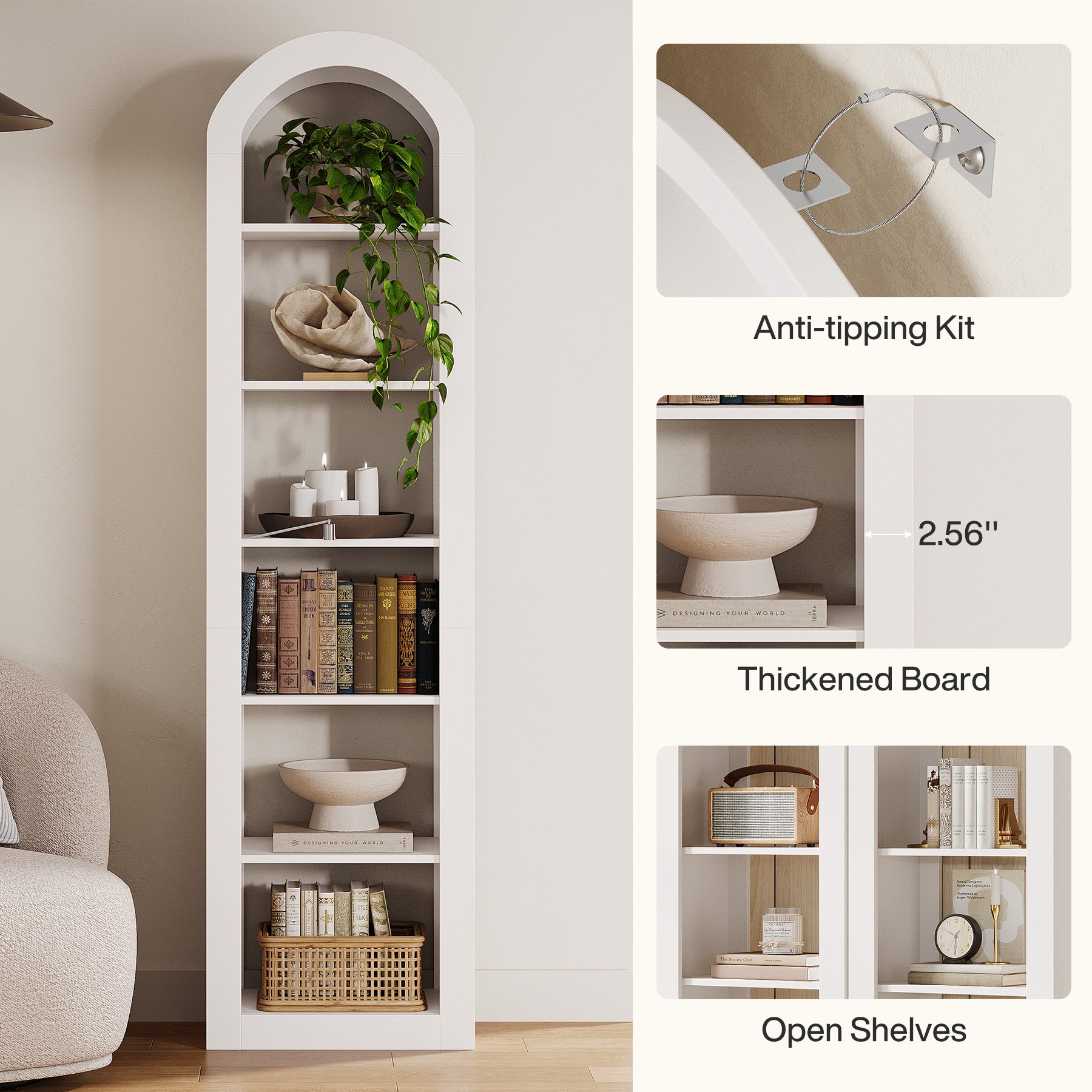 Tribesigns Hohe Bücherregal 190 cm mit Bogenform, Schmaler 6-Ebenen Standregal für Ecke & Kleine Räume