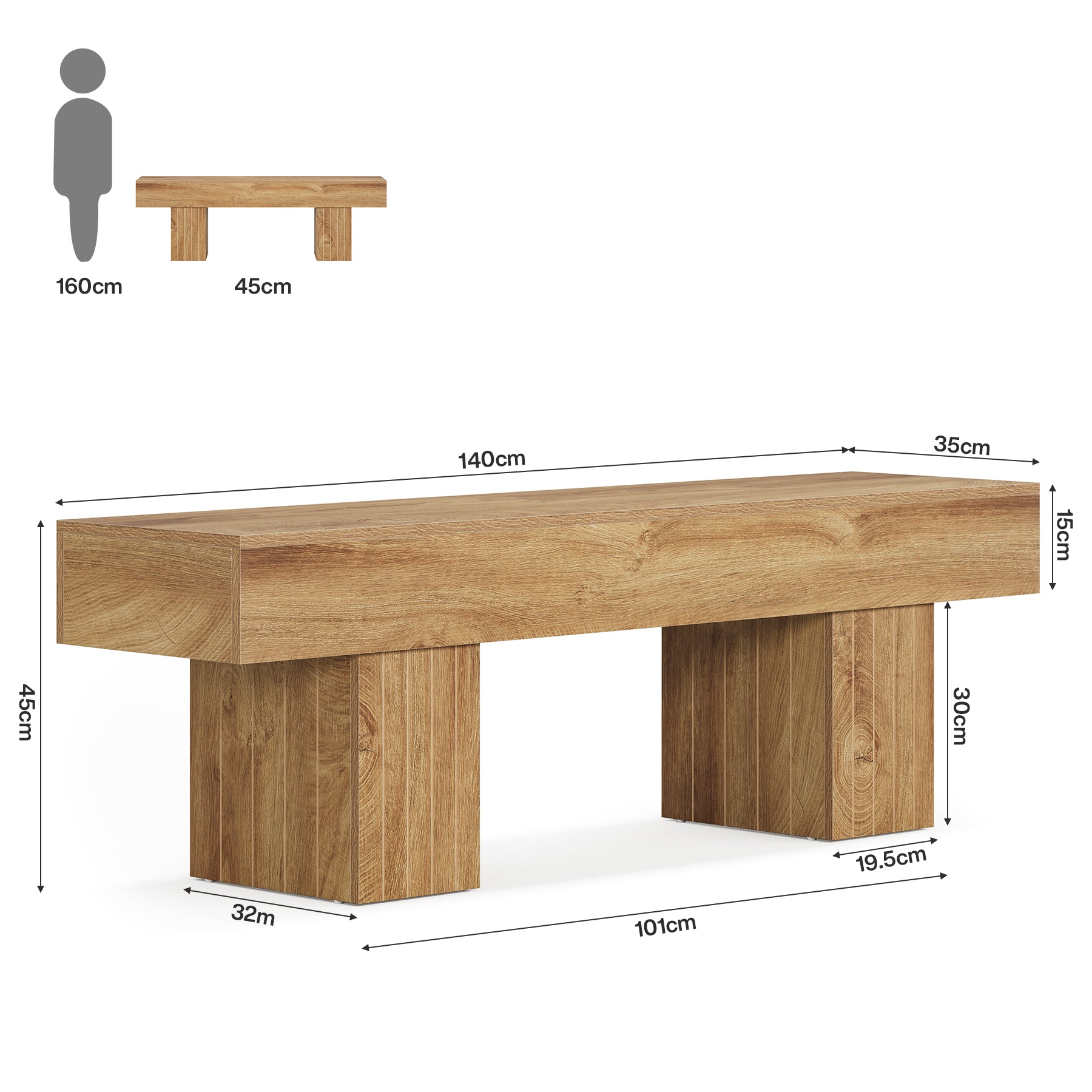 140 cm Esszimmerbank aus Holz, lange Bauernhaus-Sitzbank für Küche, Wohnzimmer, Flur oder Schlafzimmer