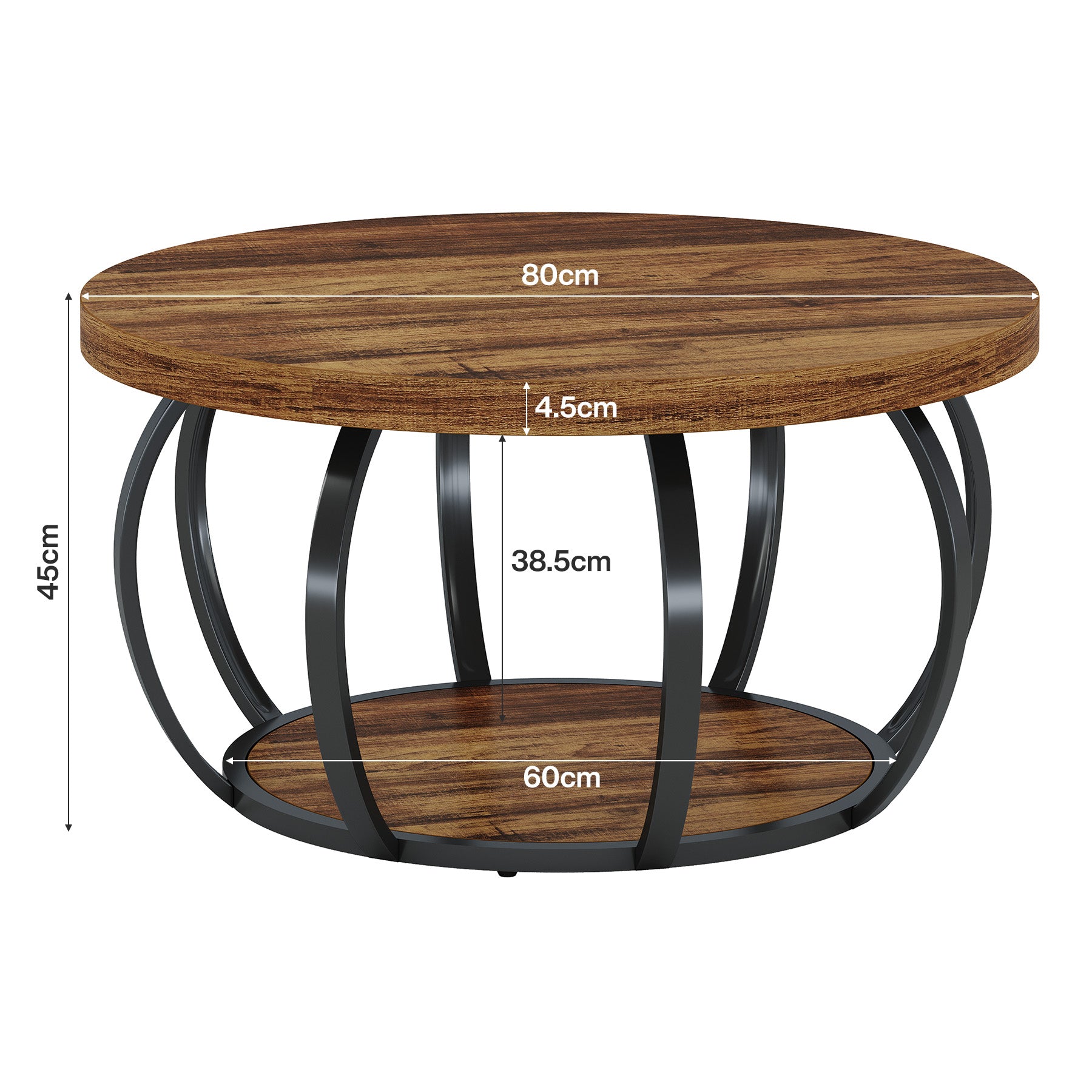 Tribesigns Runde Couchtisch 80 cm, Industrial 2-Tier-Kreis Couchtisch mit Lagerung Regale