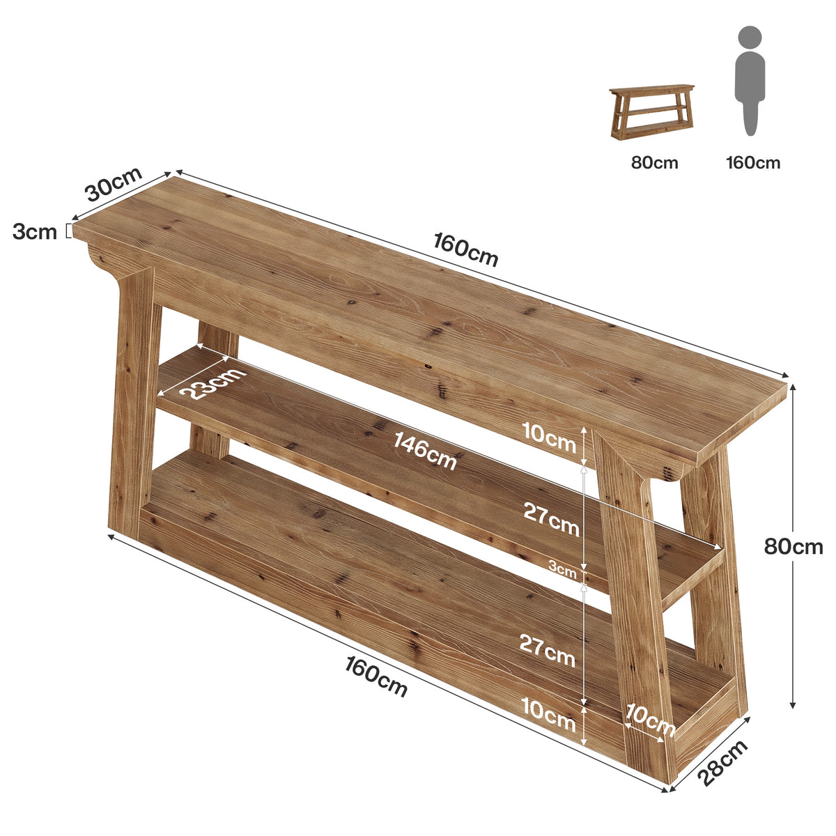 Tribesigns Massivholz Konsolentisch 160 cm, schmaler Flurtisch mit 3 Ebenen