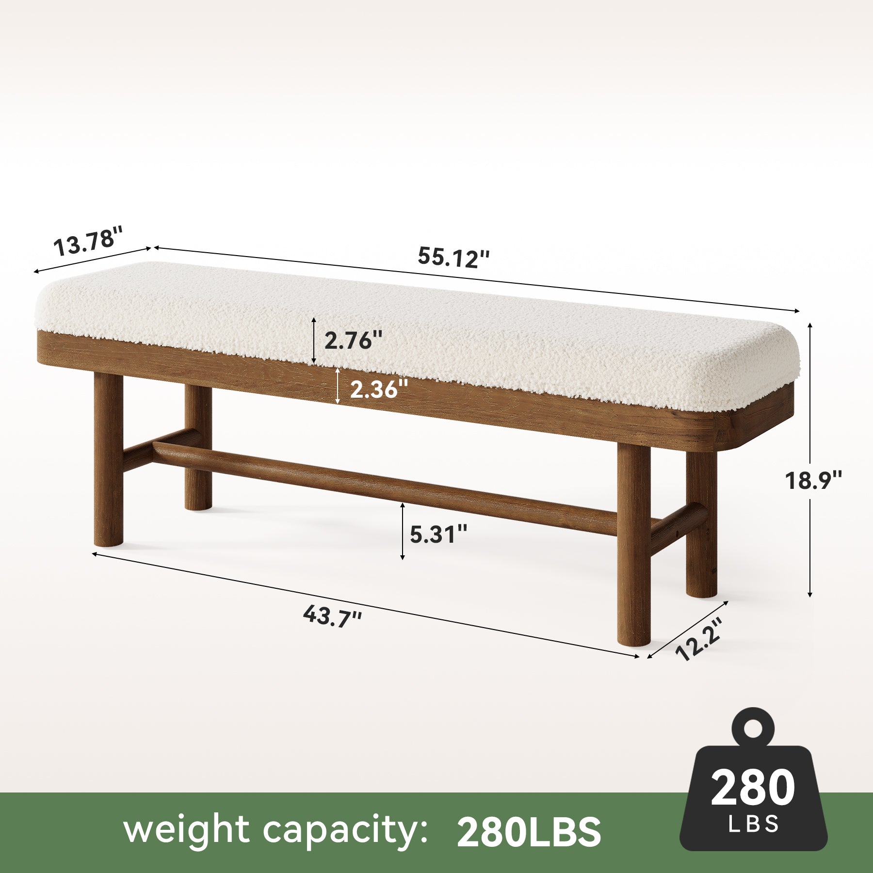 Tribesigns Gepolsterte Sitzbank 140 cm aus Massivholz, Schlafzimmerbank mit Teddyfell-Bezug