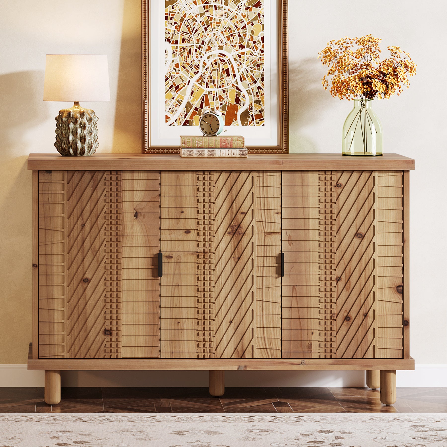 Tribesigns Massivholz Sideboard mit Stauraum, Buffetschrank im Landhausstil mit 3 Türen & 2 verstellbaren Einlegeböden