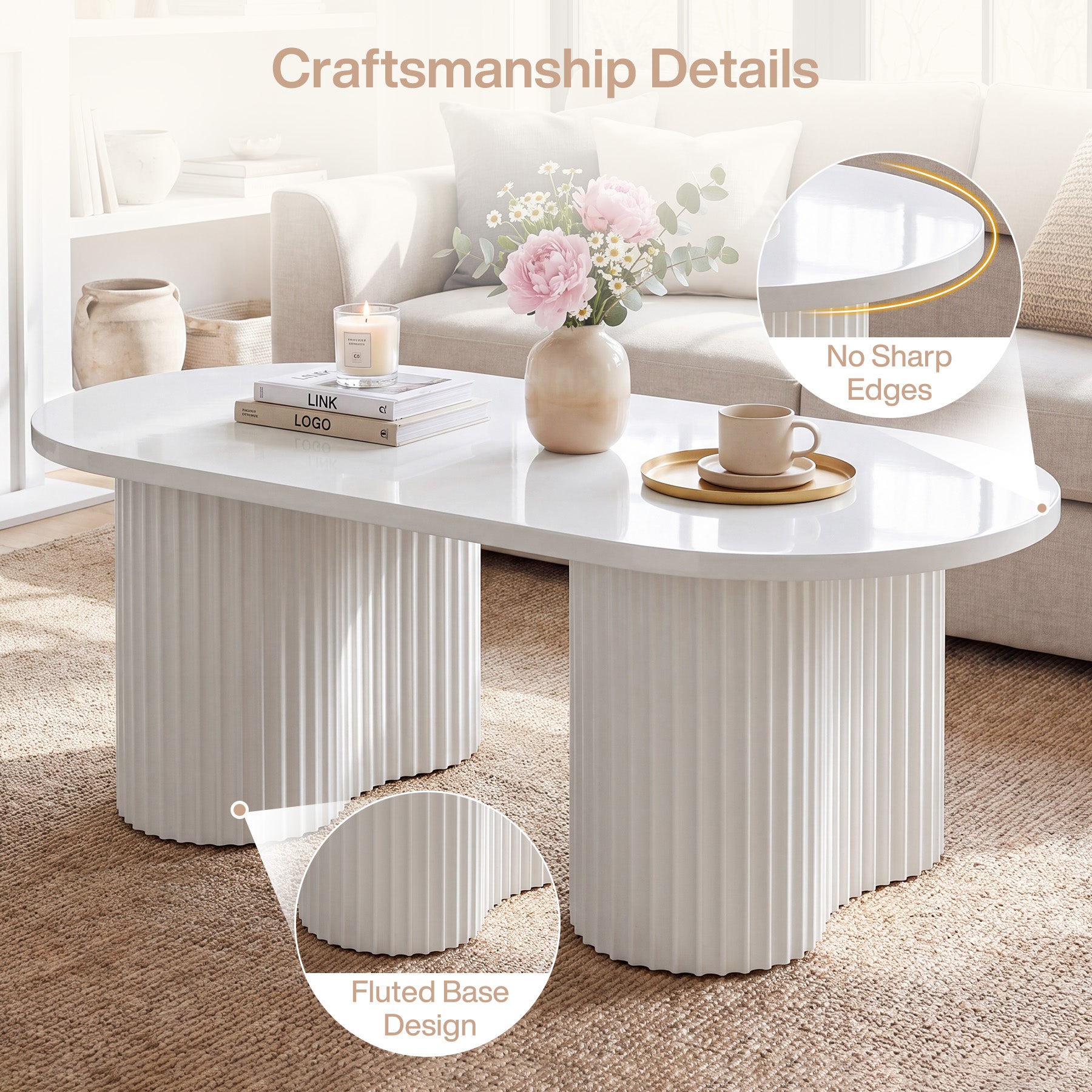 Tribesigns 120 cm ovaler Couchtisch, moderner Wohnzimmertisch mit geriffelter Oberfläche im minimalistischen Design