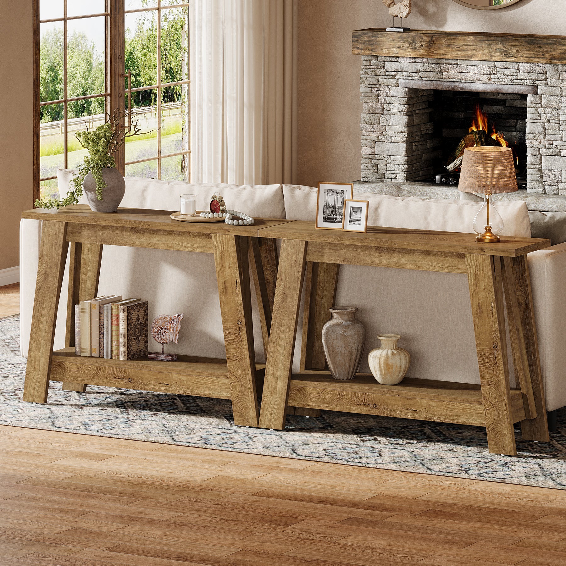 105 cm Farmhouse Konsolentisch mit 2 Ebenen Stauraum, Schmaler Sofatisch im Landhausstil