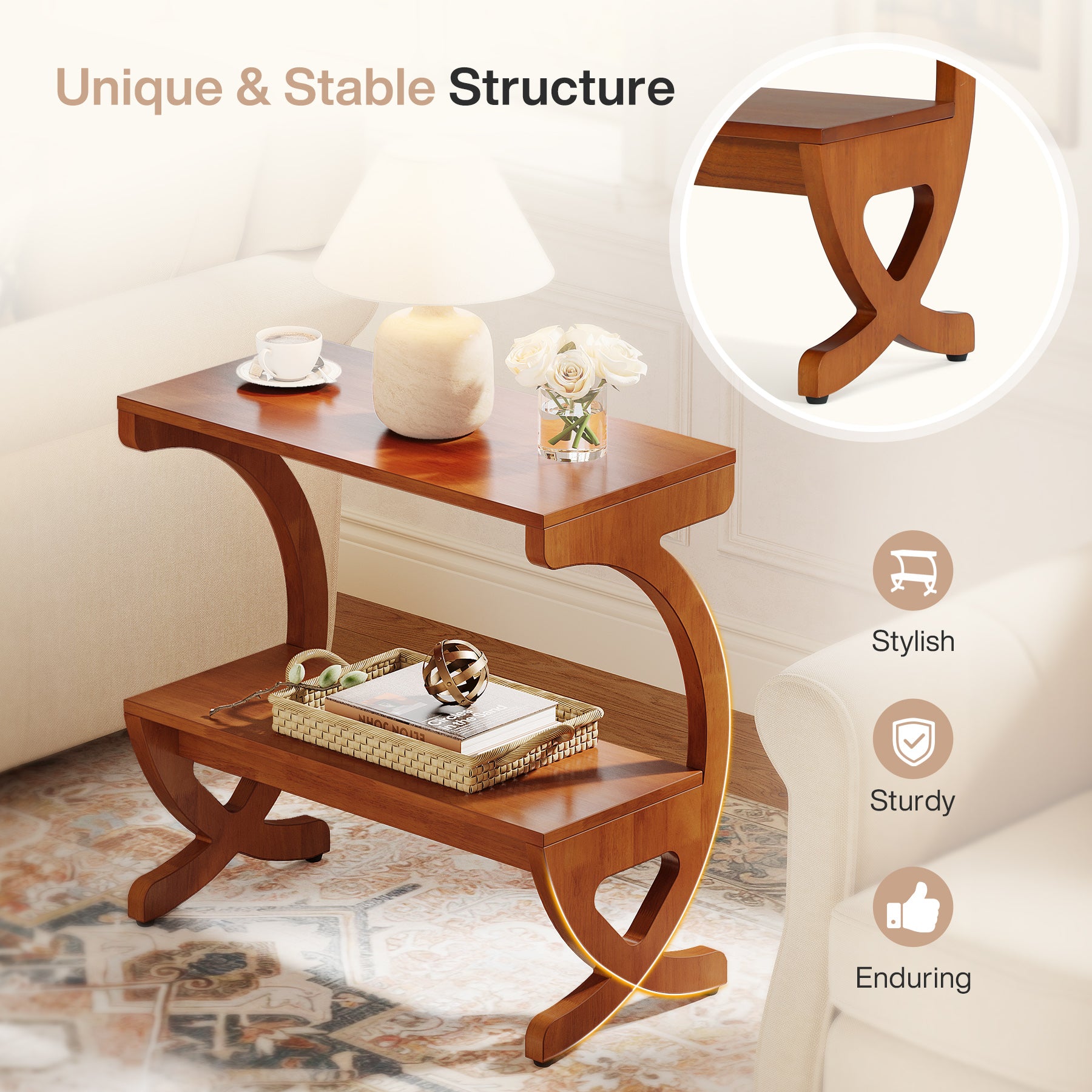 Tribesigns Massivholz Beistelltisch mit Ablage, Schmaler 2-Ebenen Nachttisch im Mid-Century Design