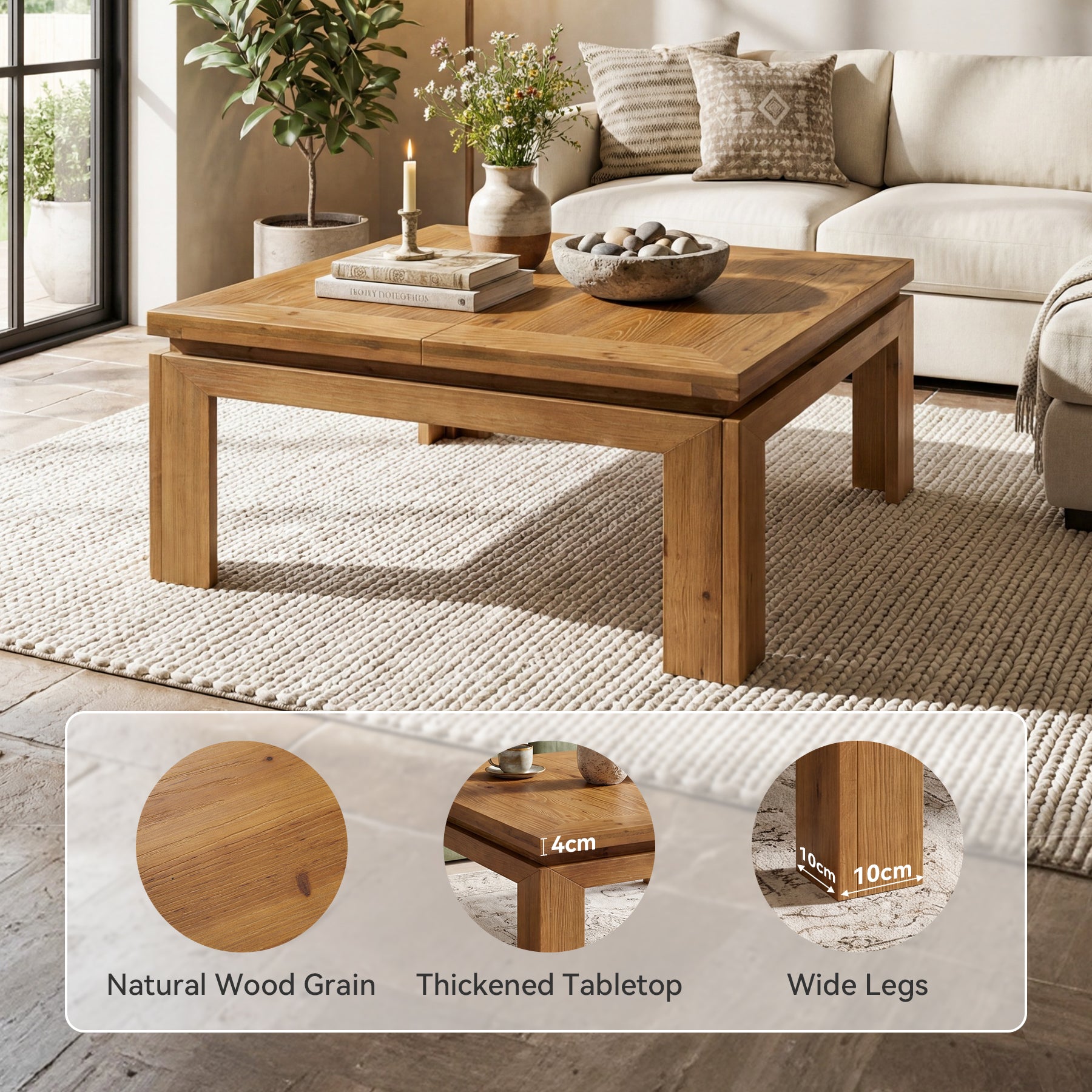 Tribesigns 100 cm quadratischer Couchtisch aus Massivholz, großer Wohnzimmertisch mit eingelassenem Randdesign