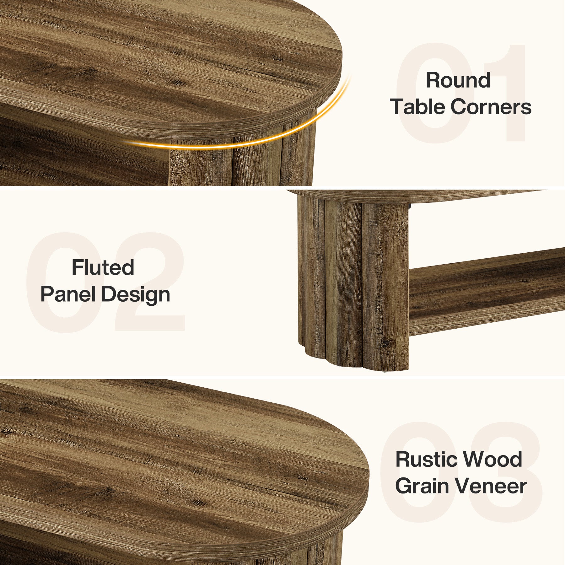 Tribesigns Ovaler Couchtisch 120 cm mit Ablagefach, Landhaus Wohnzimmertisch mit geriffeltem Standfuß