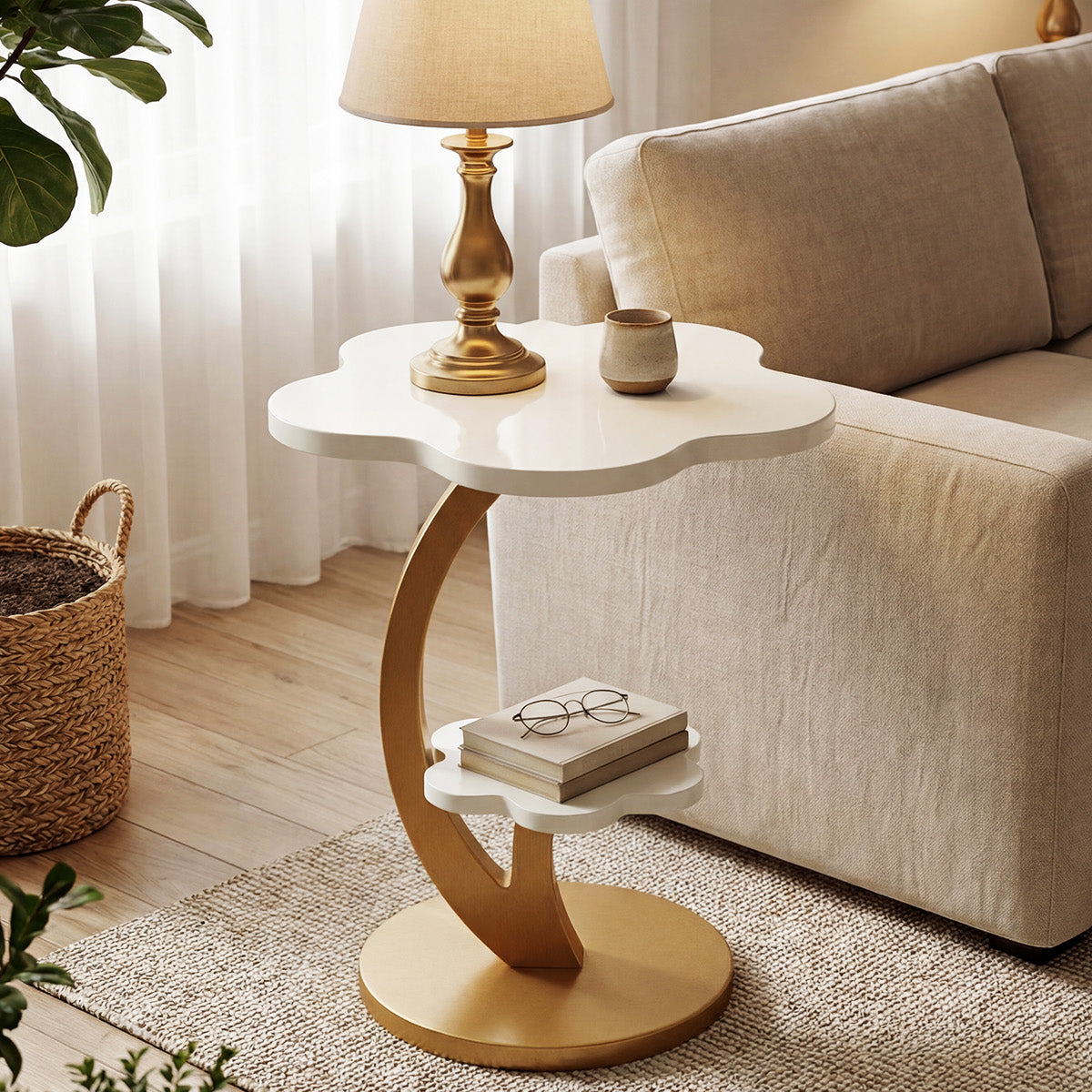 Tribesigns Beistelltisch rund 2 Ebenen mit C-Gestell, Nachttisch klein platzsparend in Weiß und Gold