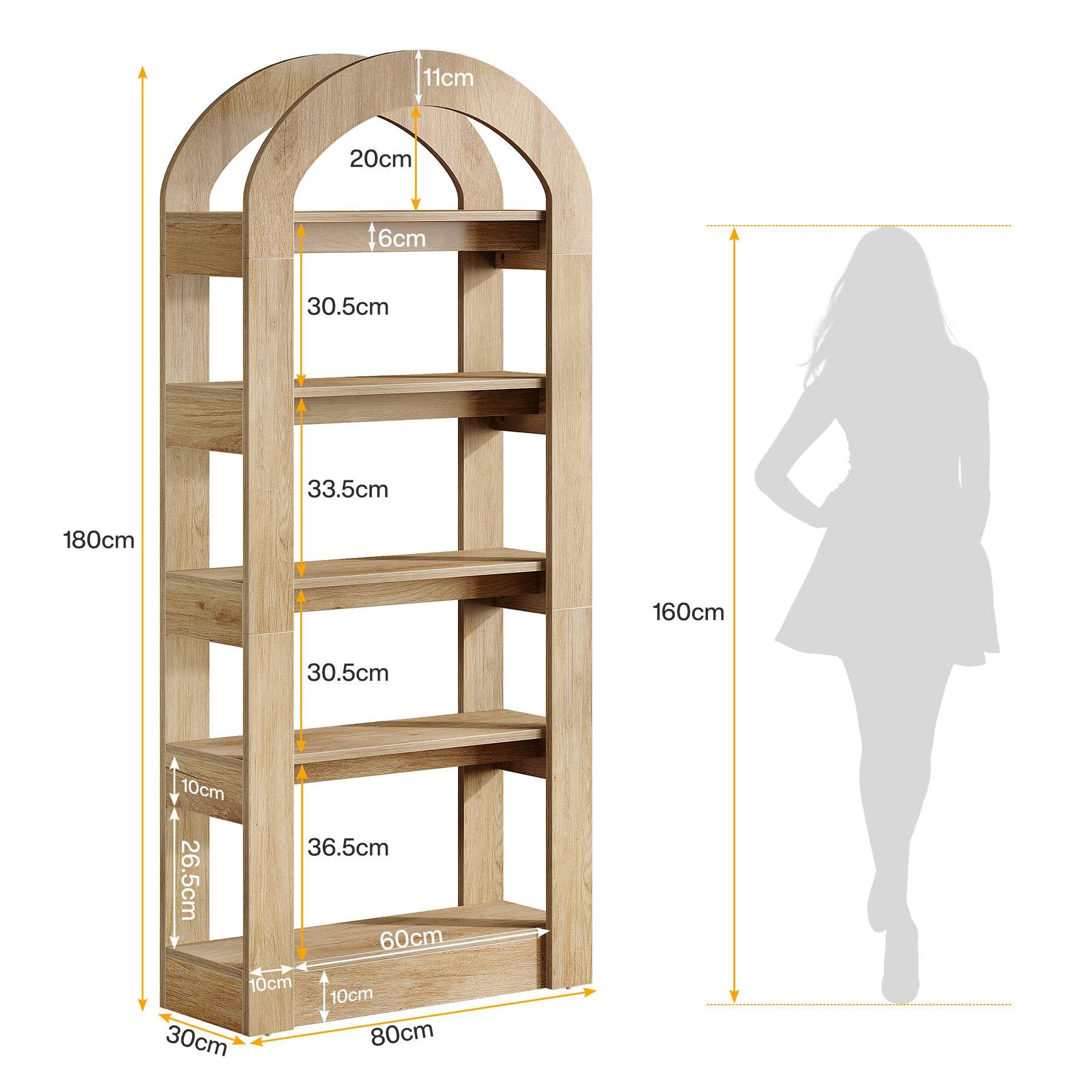 180 cm 5-stöckiges Bücherregal aus Holz mit Bogenform