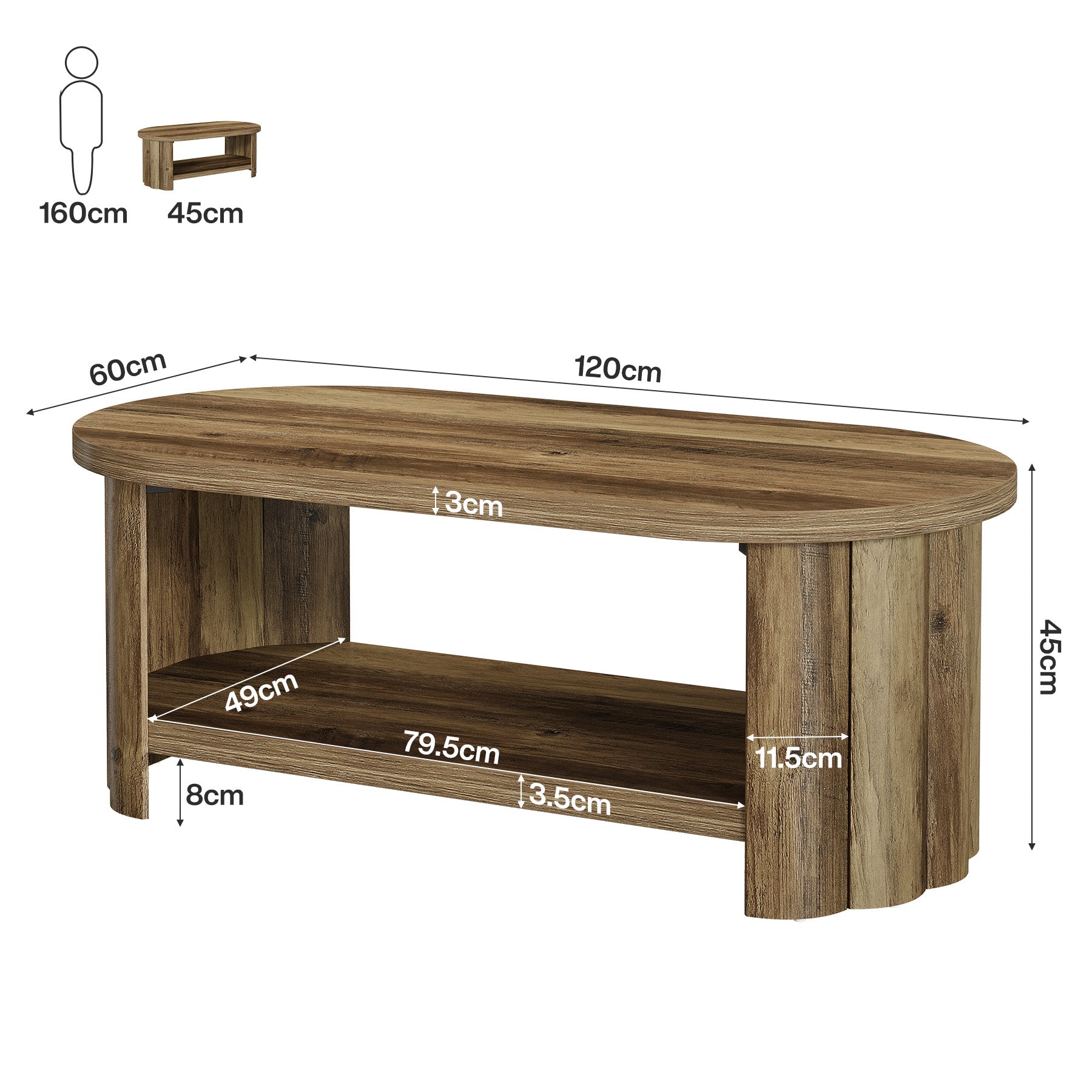 Tribesigns Ovaler Couchtisch 120 cm mit Ablagefach, Landhaus Wohnzimmertisch mit geriffeltem Standfuß