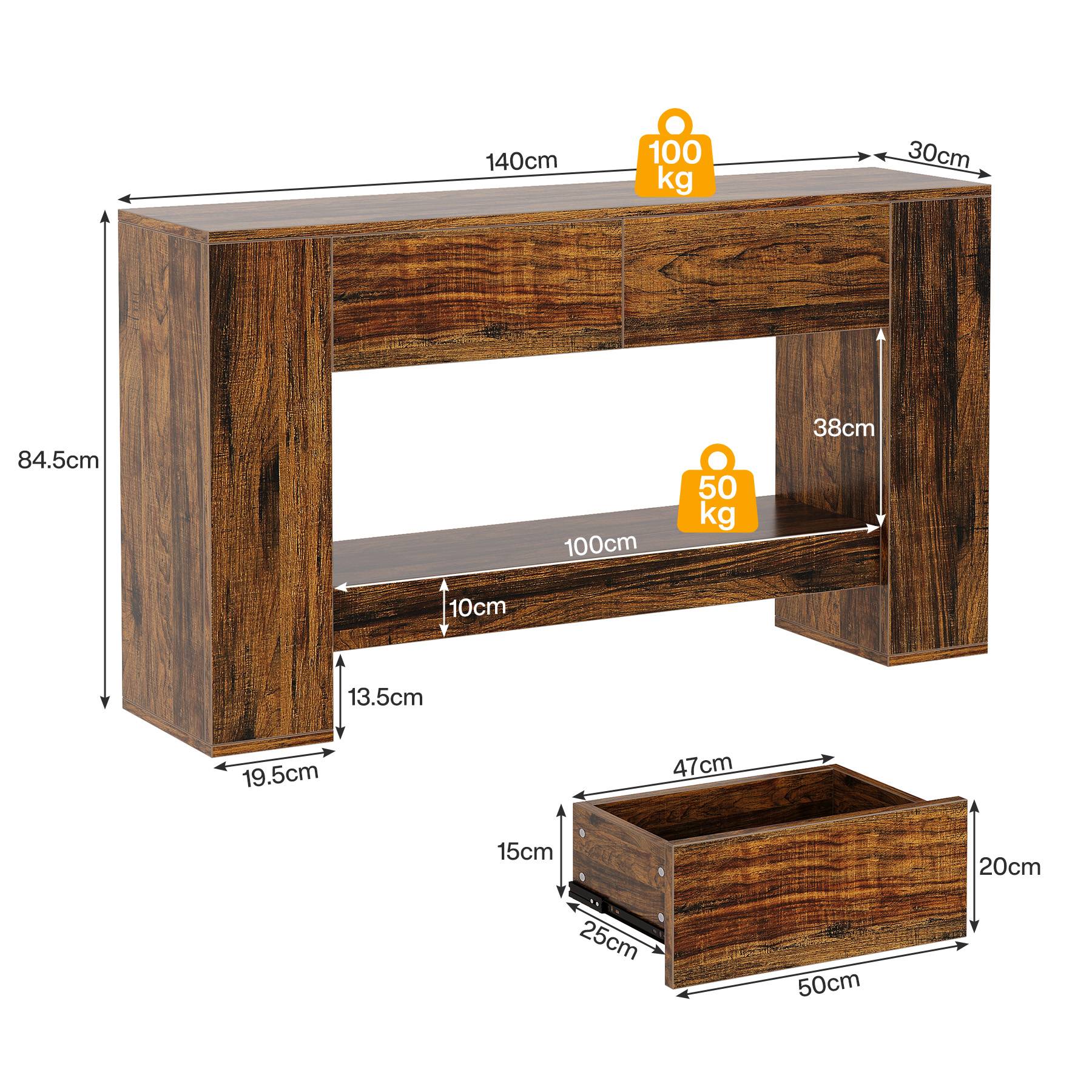 140 cm Konsolentisch, 2-stufiger Sofatisch aus Holz mit 2 Schubladen