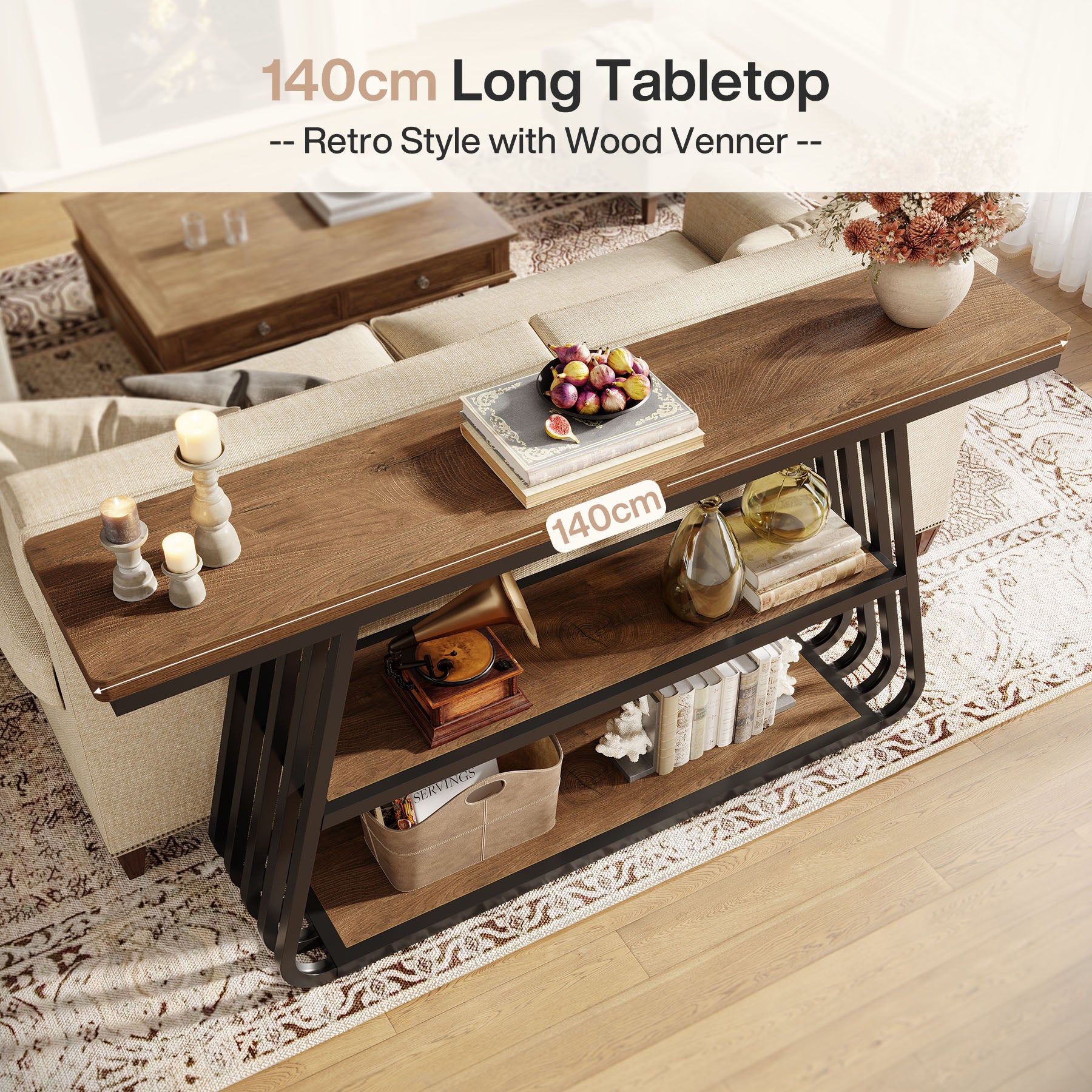 Konsolentisch 140 cm mit Ablagen, 3-stufiger Sofatisch aus Holz mit Metallrahmen