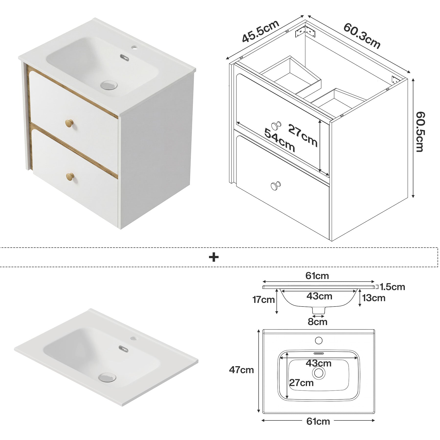 Tribesigns Hängender Waschtisch mit Keramikbecken, Moderner Badschrank wandmontiert mit Soft-Close-Tür