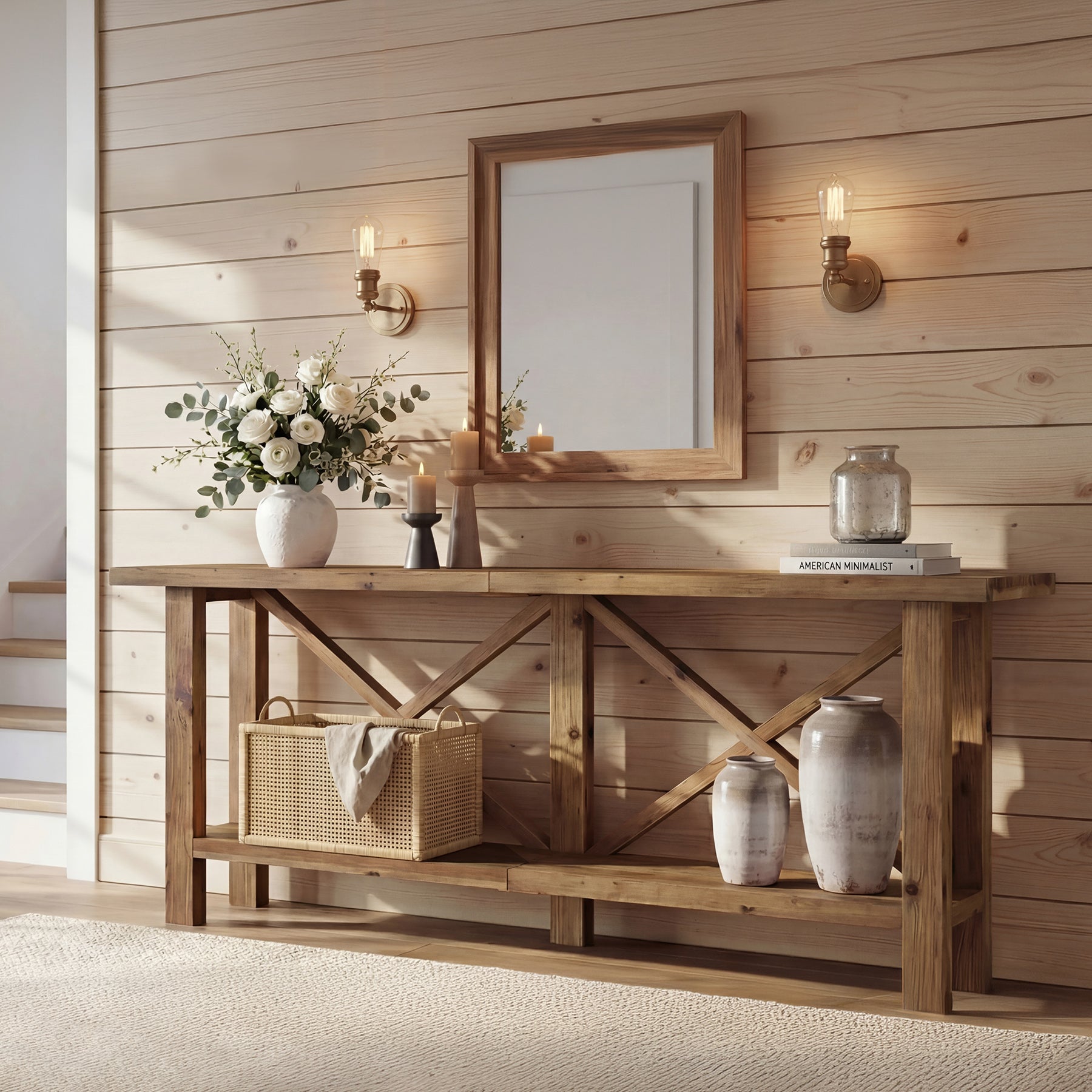 Tribesigns Konsolentisch aus Massivholz 180 cm, Schmaler Flurtisch im Landhausstil mit 2 Ablagen