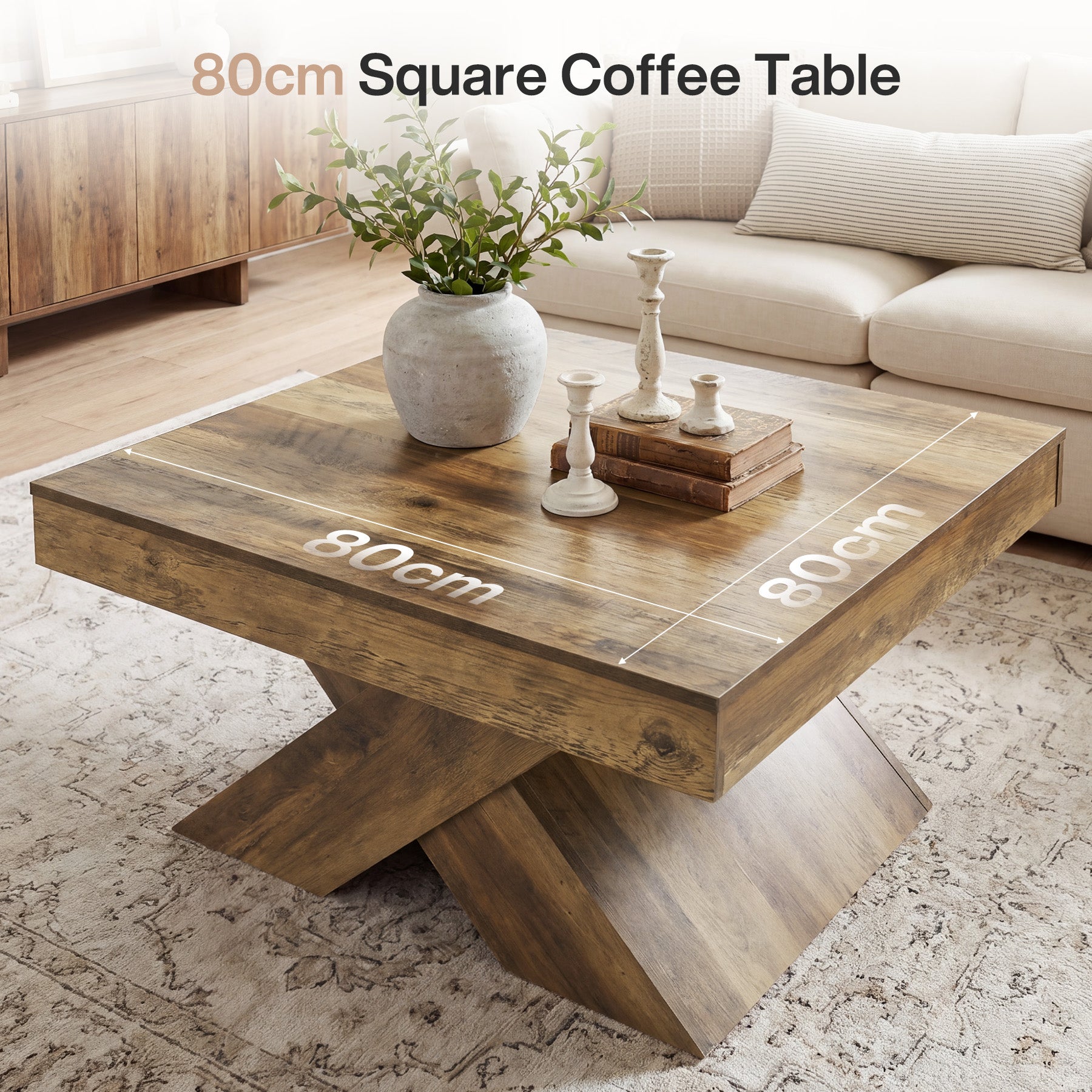 Tribesigns Quadratischer Couchtisch 80 cm, Wohnzimmertisch in Eichenoptik mit stabilem X-Gestell