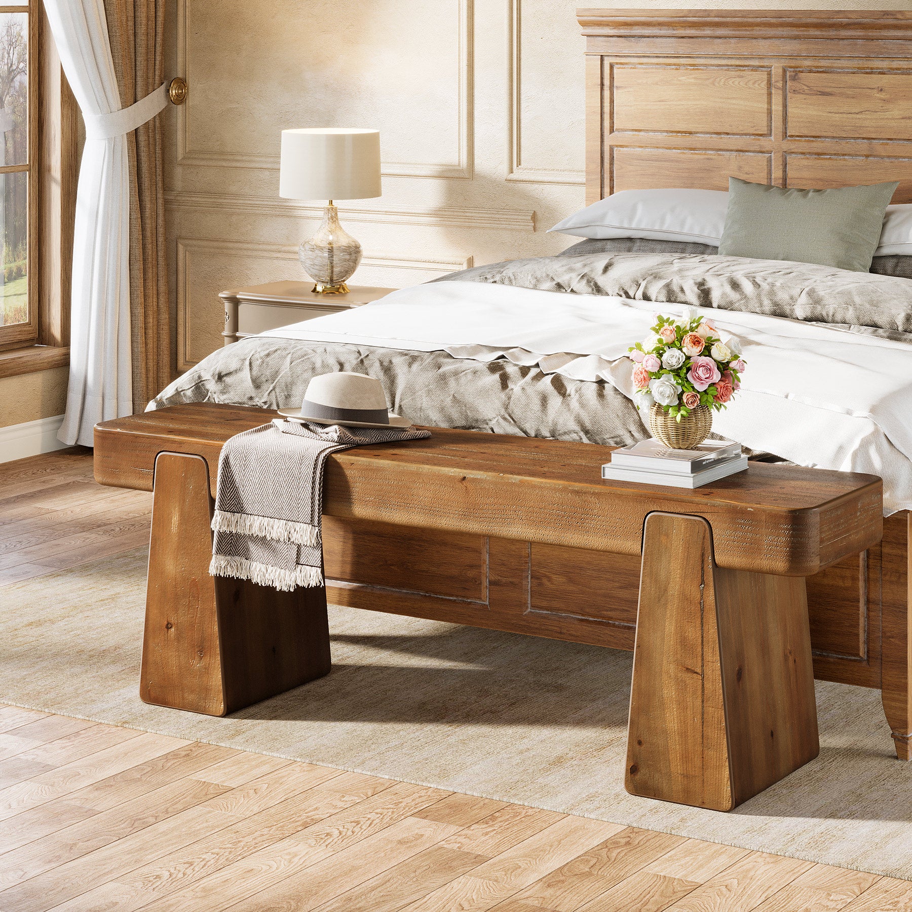 Tribesigns Sitzbank aus Massivholz, 120 cm Flurbank im Landhausstil mit verstärkten Beinen