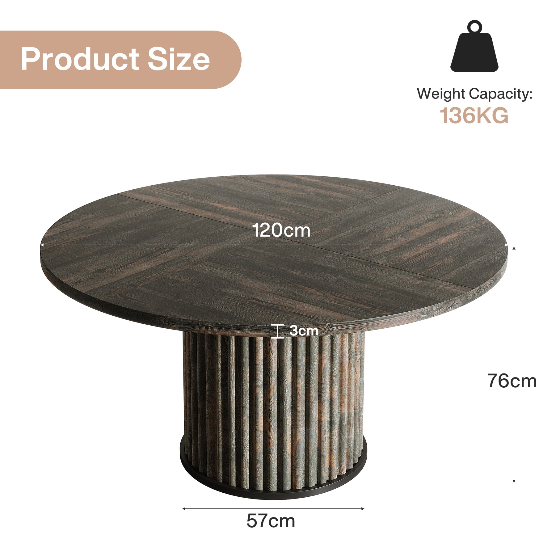 120 cm runder Esstisch, Küchentisch aus Holz mit stabiler geriffelter Metallbasis