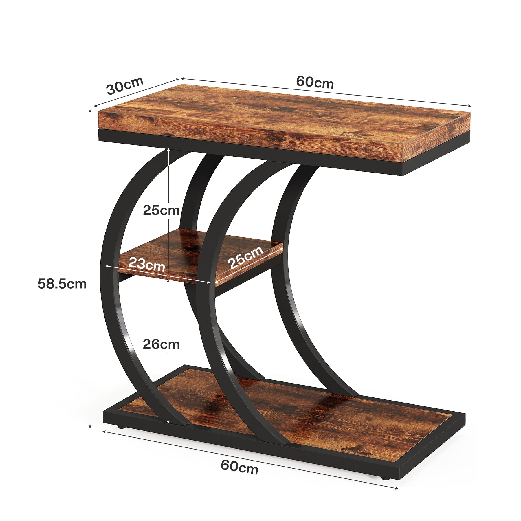 60 cm 3-stöckiger Beistelltisch, C-Form Industriedesign Seitentisch mit Stauraum in Naturholz