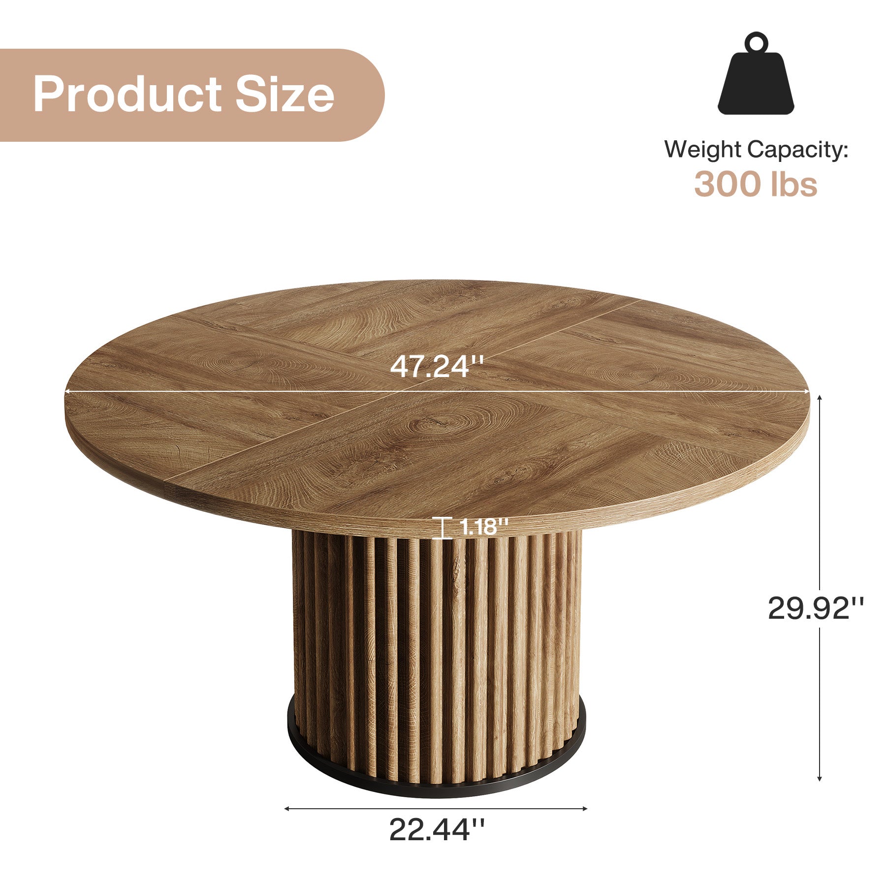 120 cm runder Esstisch, Küchentisch aus Holz mit stabiler geriffelter Metallbasis
