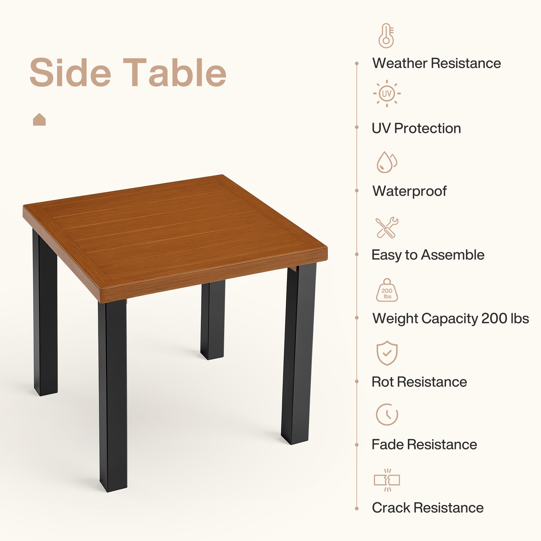 Outdoor Beistelltisch wetterfest, Balkontisch mit Holzoptik, Gartentisch mit stabilem Metallgestell