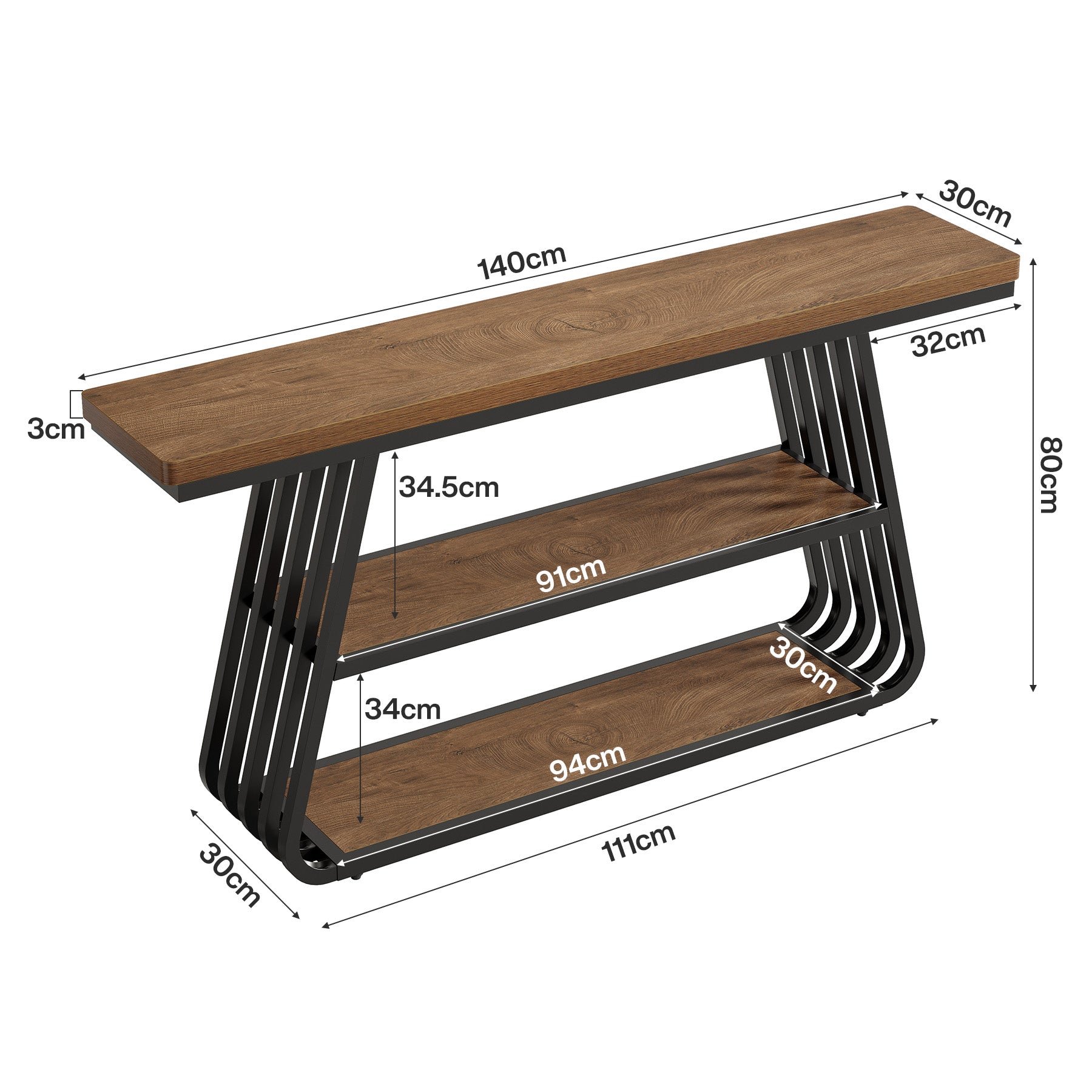 Konsolentisch 140 cm mit Ablagen, 3-stufiger Sofatisch aus Holz mit Metallrahmen