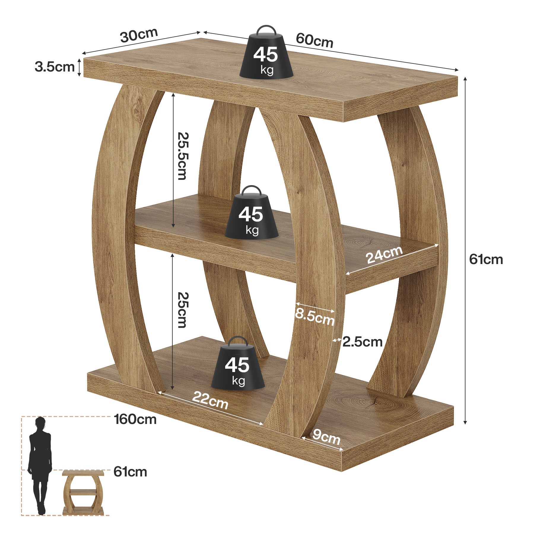 3-stöckiger schmaler Beistelltisch aus Holz, platzsparender Nachttisch