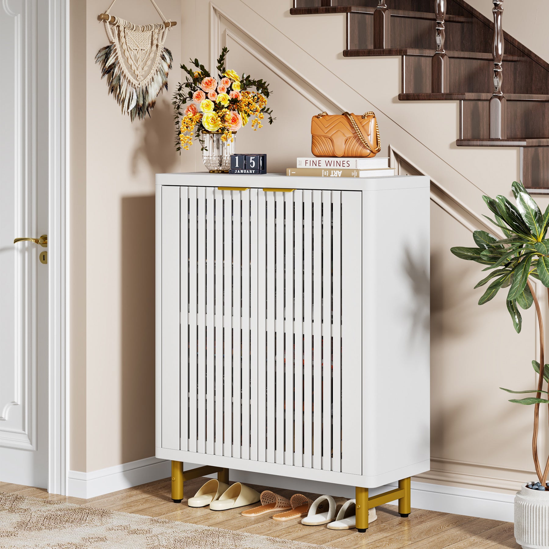 6-stöckiger Schuhschrank aus Holz mit Lamellentüren und verstellbaren Regalen