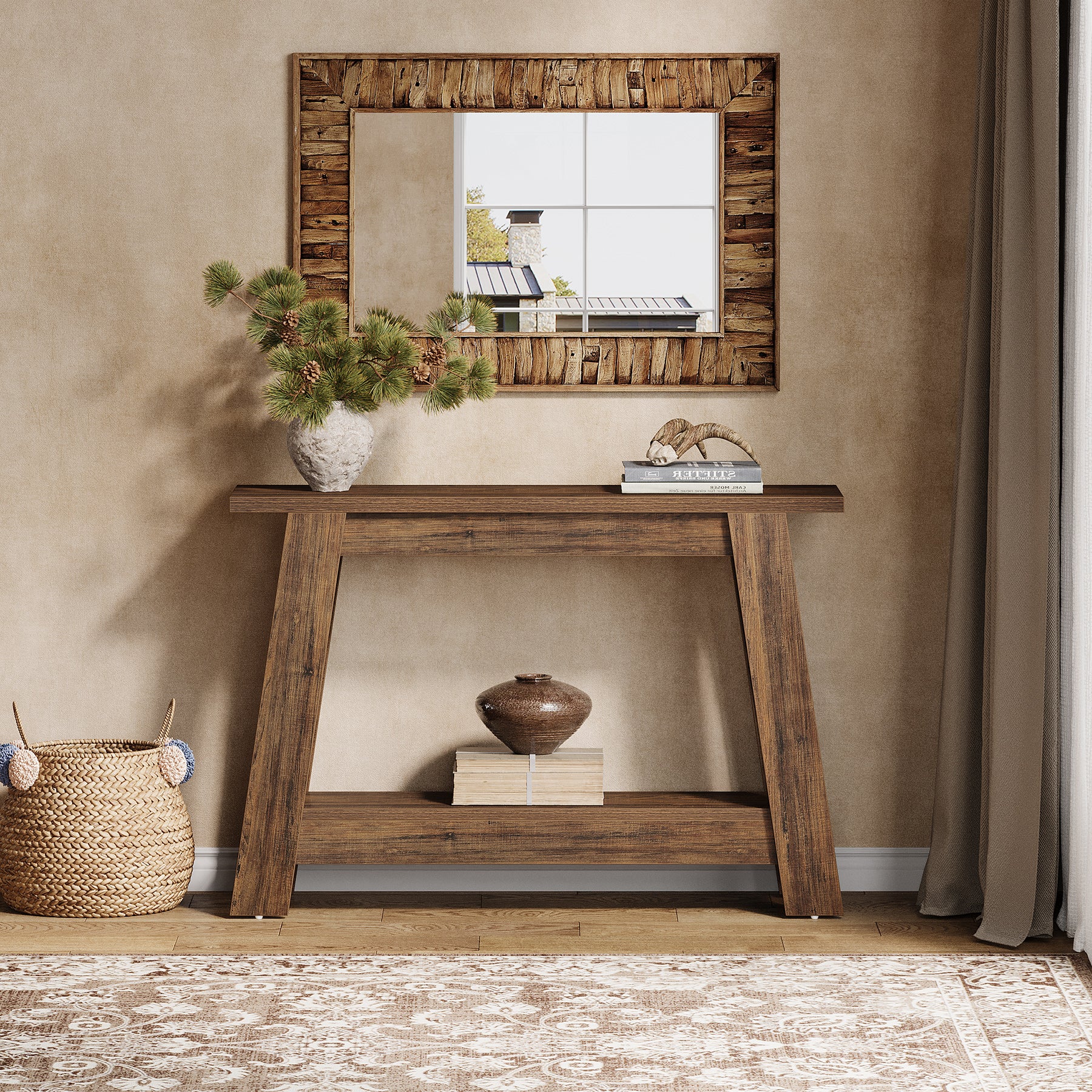 105 cm Farmhouse Konsolentisch mit 2 Ebenen Stauraum, Schmaler Sofatisch im Landhausstil