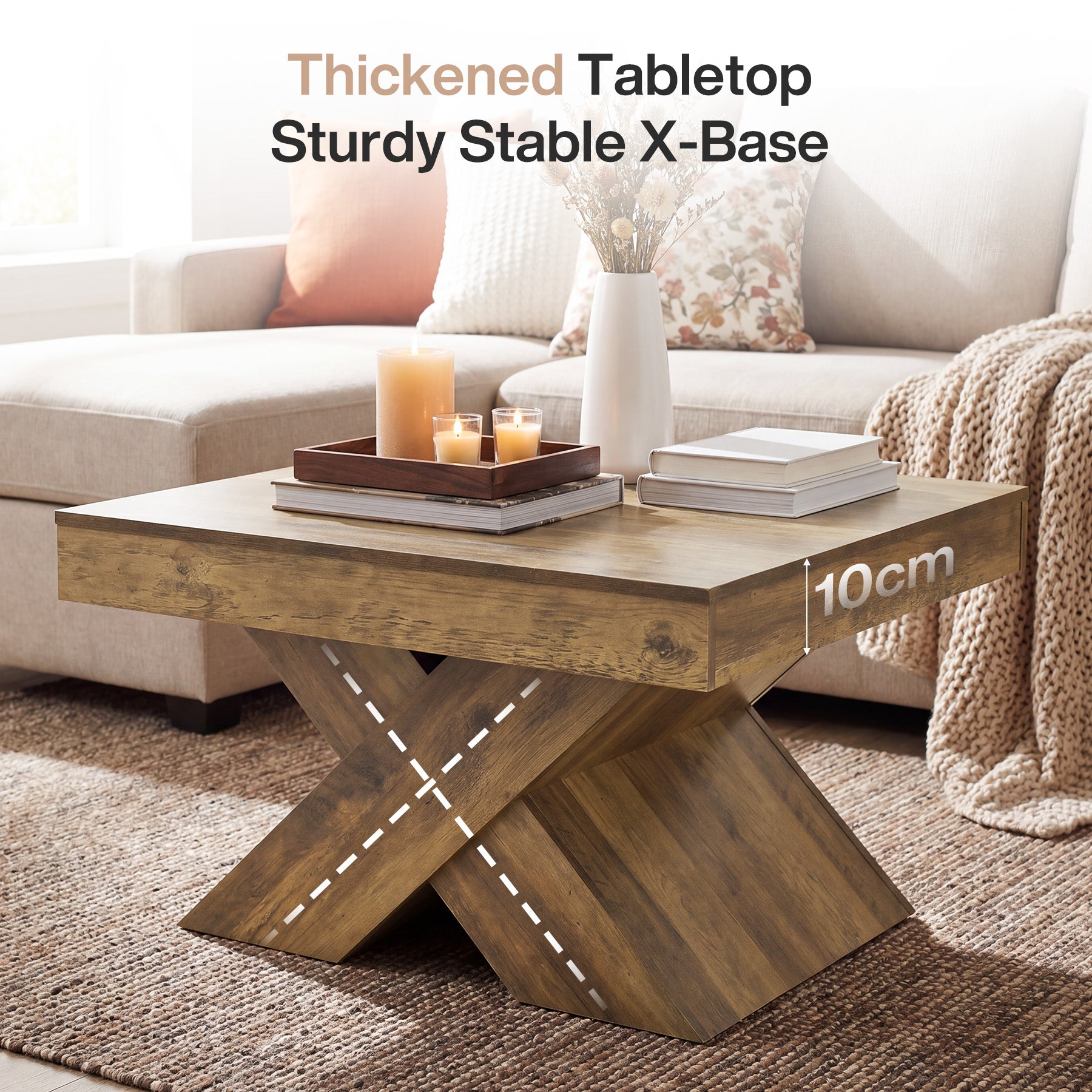 Tribesigns Quadratischer Couchtisch 80 cm, Wohnzimmertisch in Eichenoptik mit stabilem X-Gestell