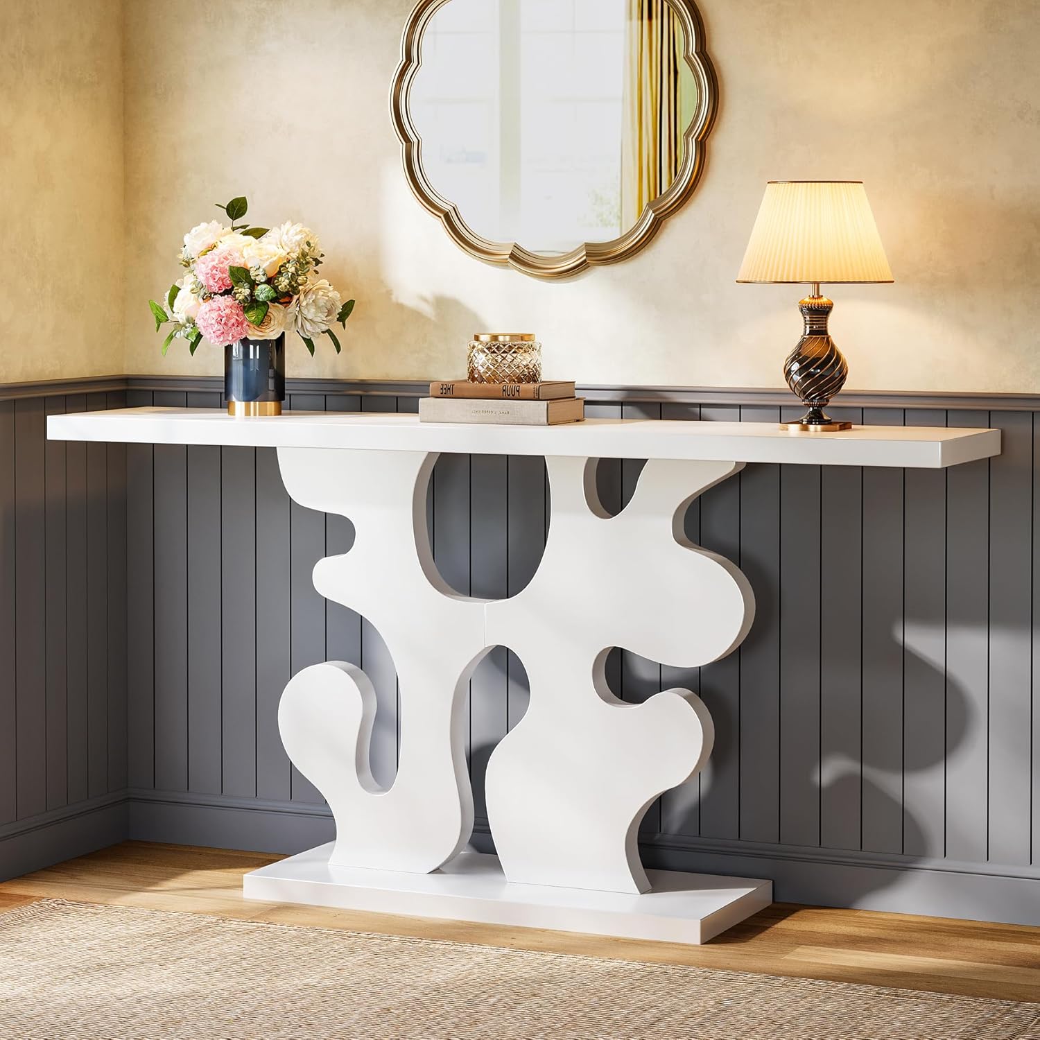 140 cm langer schmaler Sofatisch, Moderne weiße Konsole für Flur & Wohnzimmer