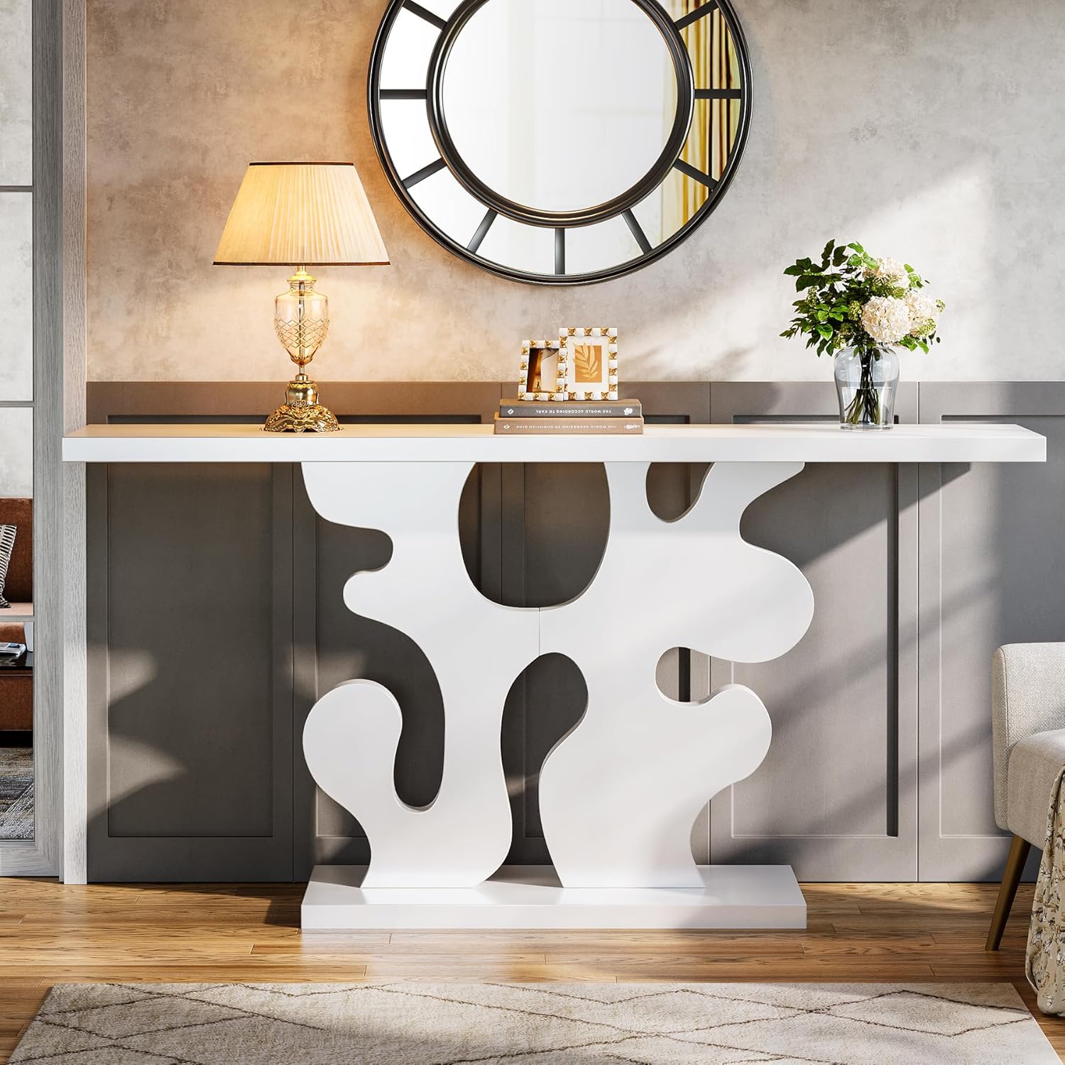140 cm langer schmaler Sofatisch, Moderne weiße Konsole für Flur & Wohnzimmer