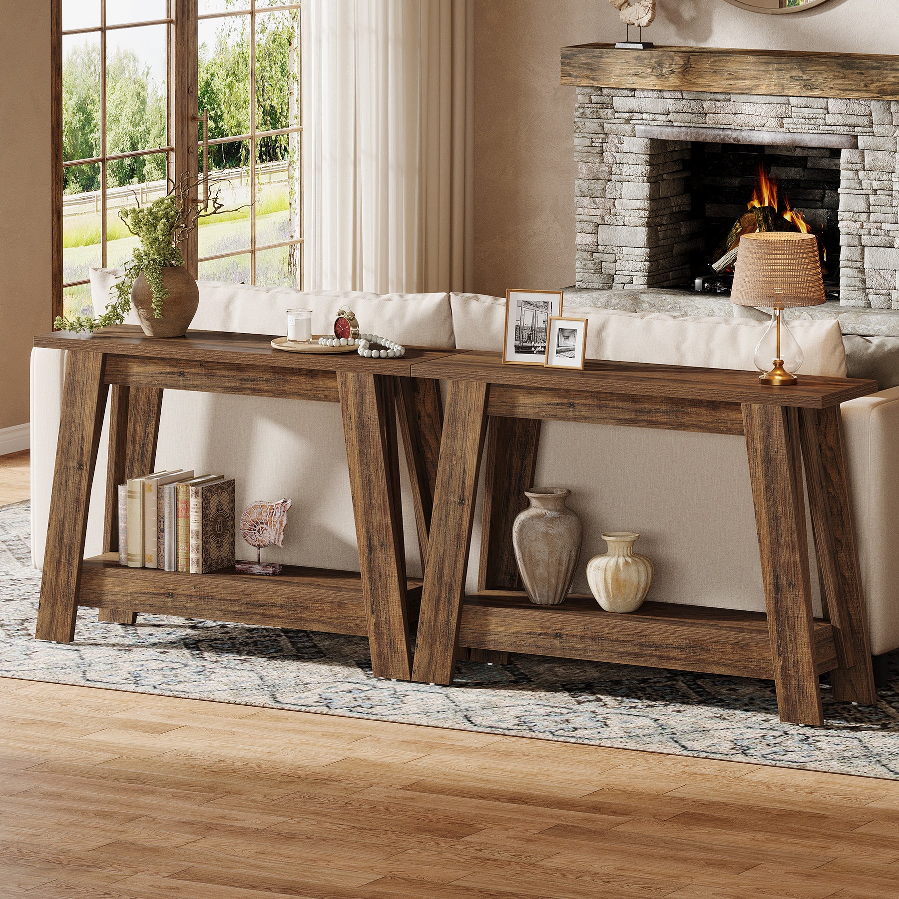 105 cm Farmhouse Konsolentisch mit 2 Ebenen Stauraum, Schmaler Sofatisch im Landhausstil