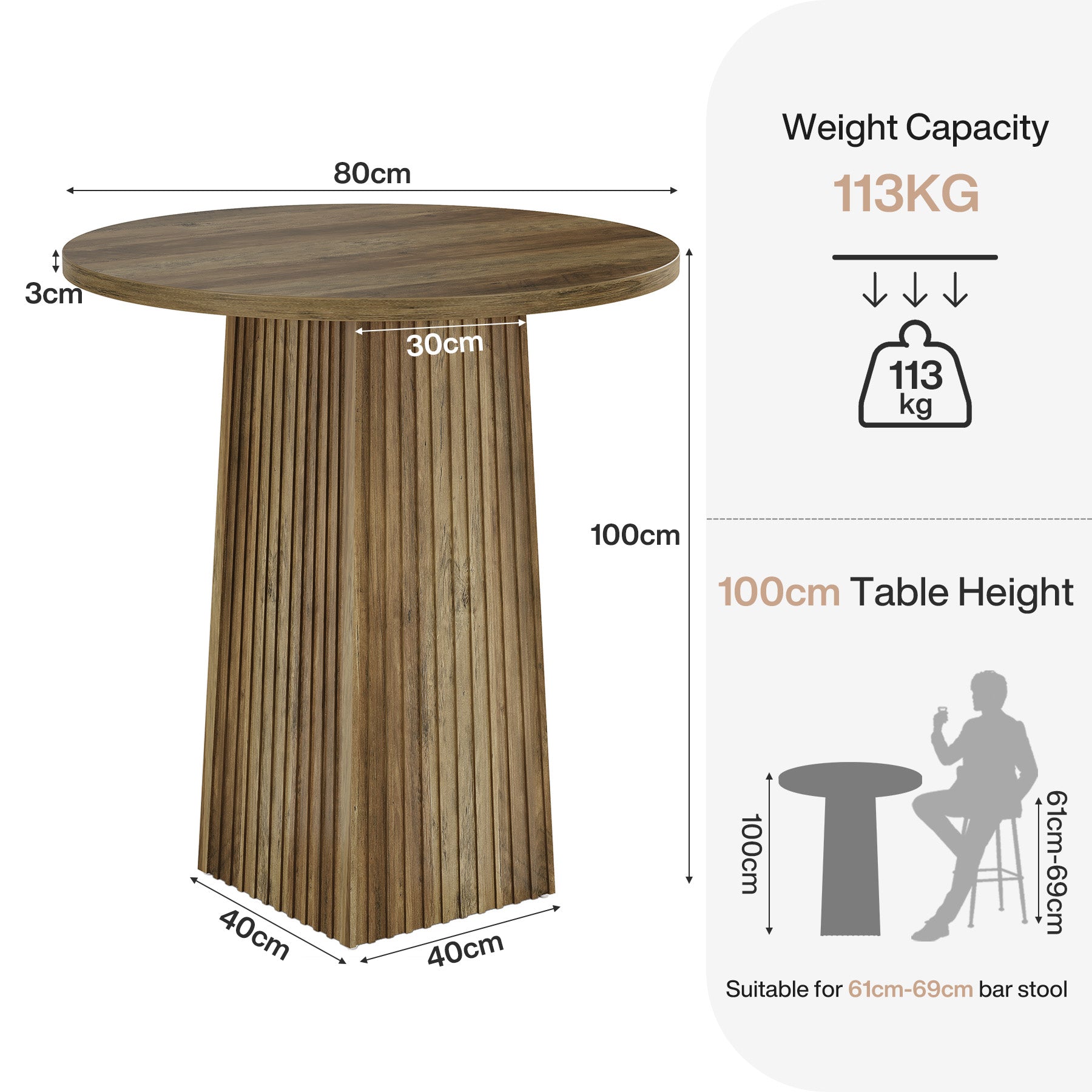 Tribesigns Runder Bartisch, 100 cm hoher Bistro- & Stehtisch mit geriffeltem Säulenfuß
