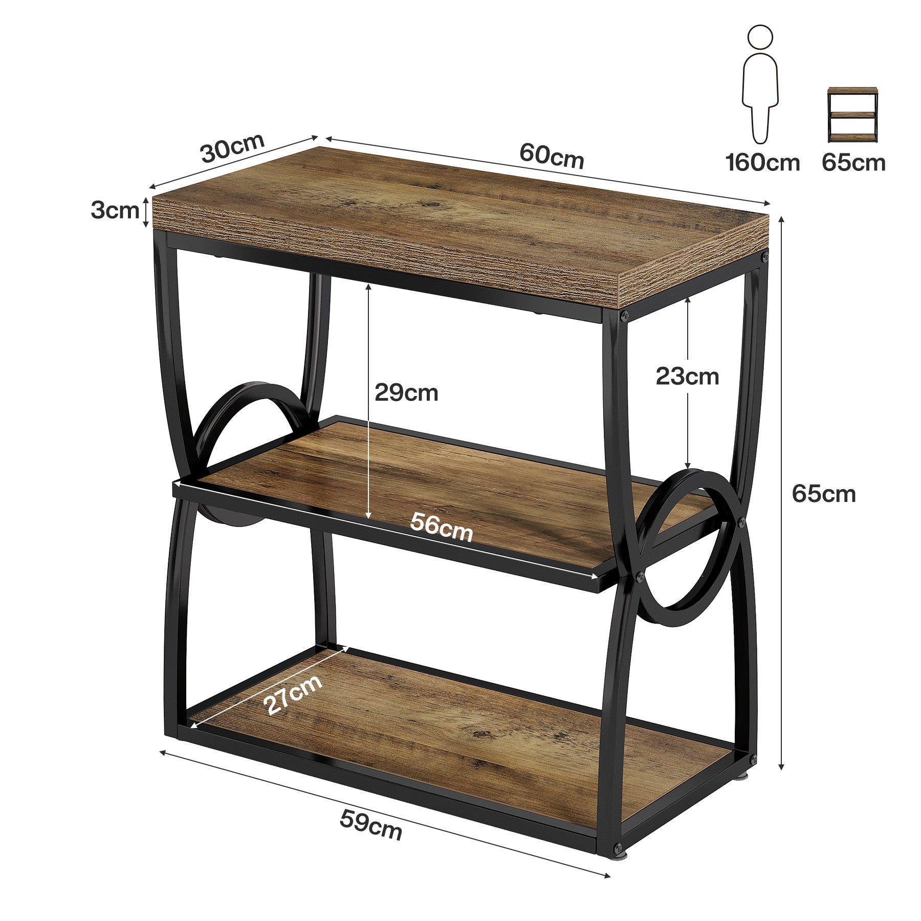 Tribesigns Beistelltisch 60 cm mit 3 Ablagen, Schmaler Nachttisch im Industrial-Stil