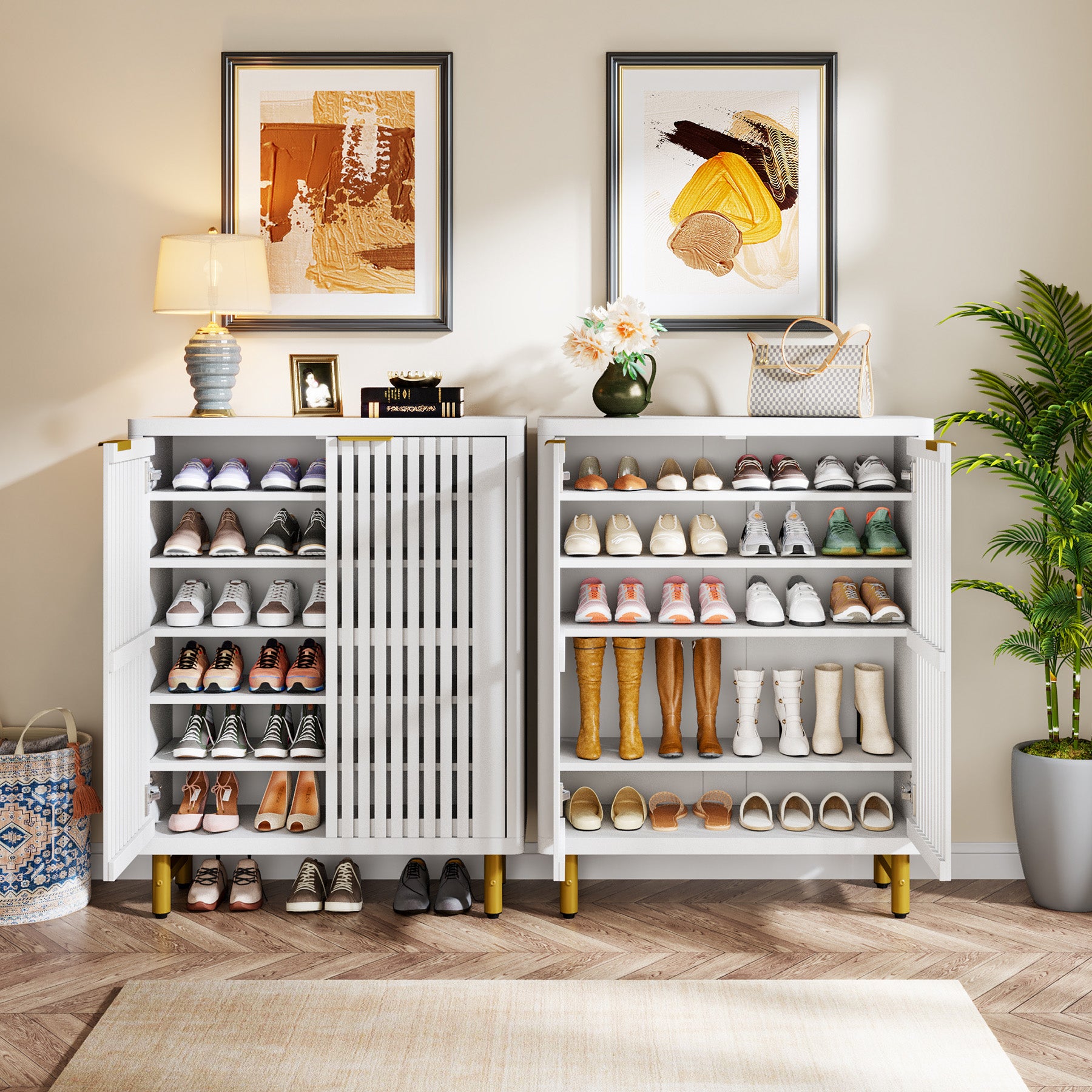 6-stöckiger Schuhschrank aus Holz mit Lamellentüren und verstellbaren Regalen