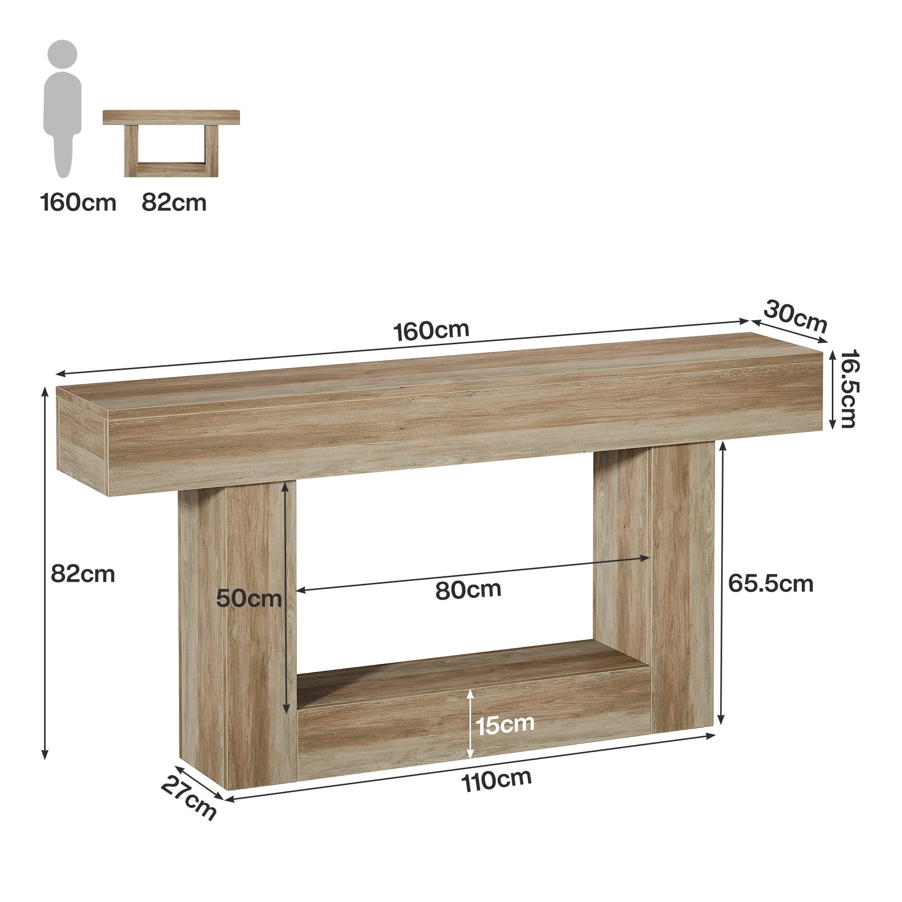 160 cm Konsolentisch - 2-stufiger Sofatisch mit Stauraum in Bauernhaus-Optik