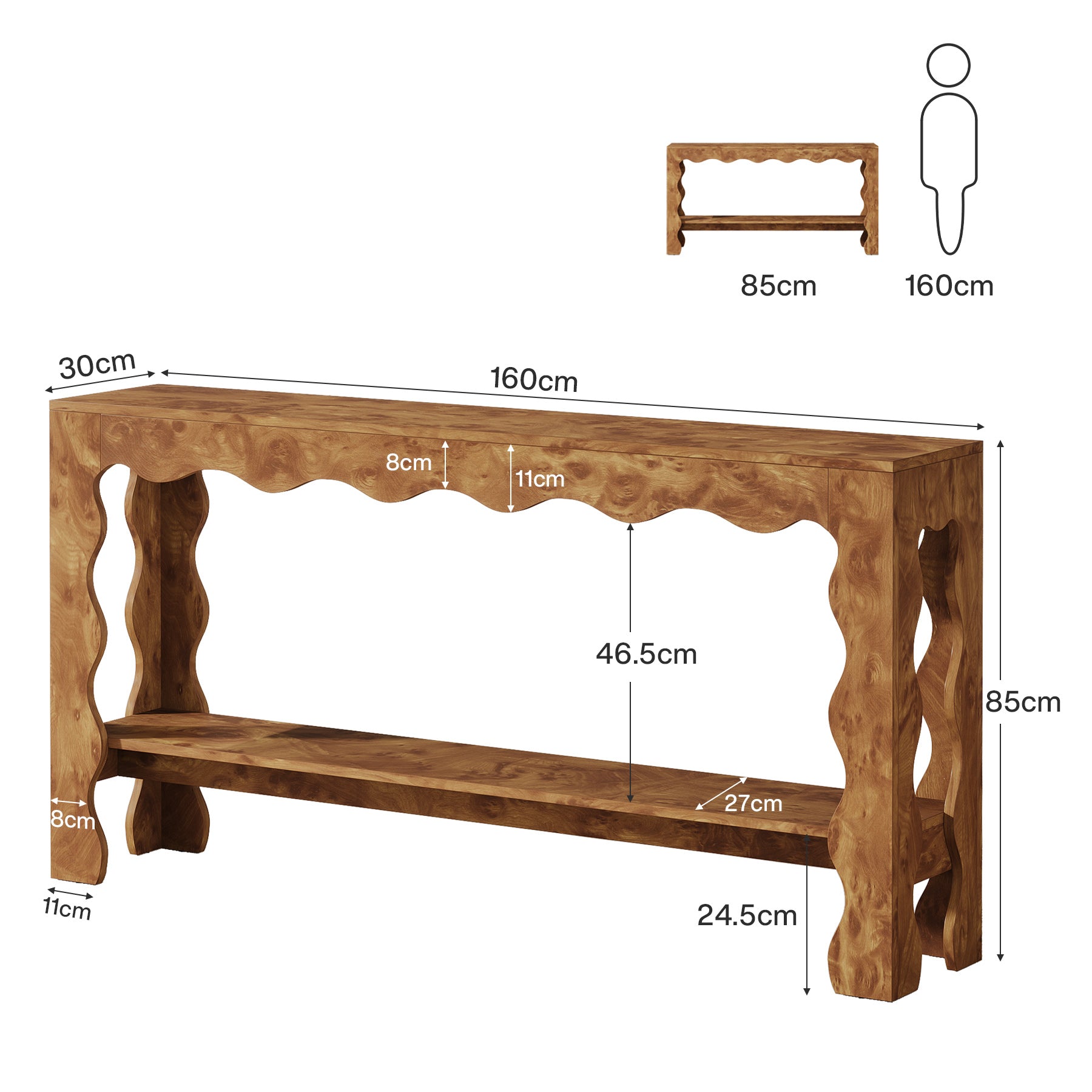 160 cm Konsolentisch - 2-stufiger schmaler Sofatisch in hellbraun