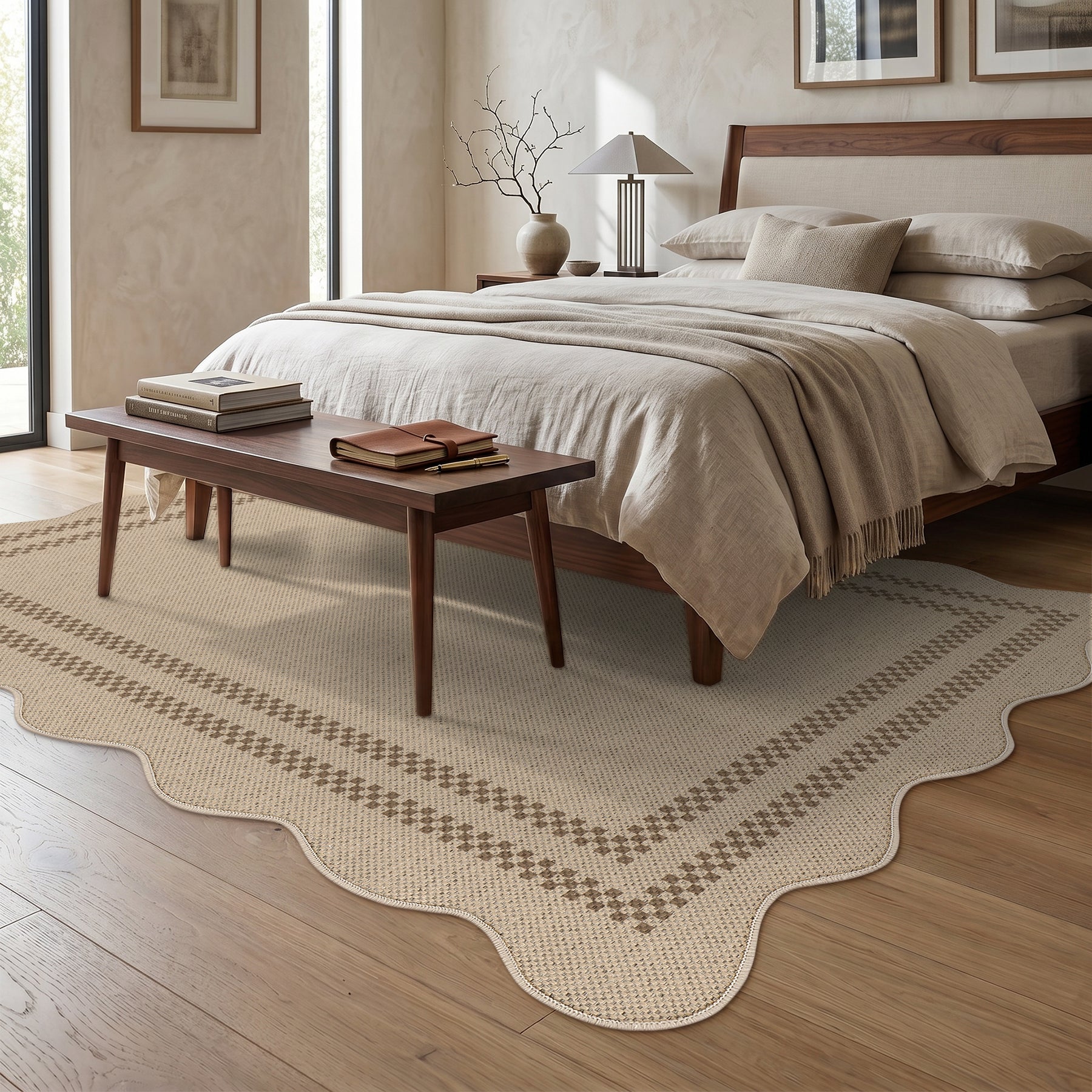 Tribesigns Teppich für drinnen und draußen, wetterfest, in Jute-Optik, mit gewelltem Rand und Muster im Landhausstil