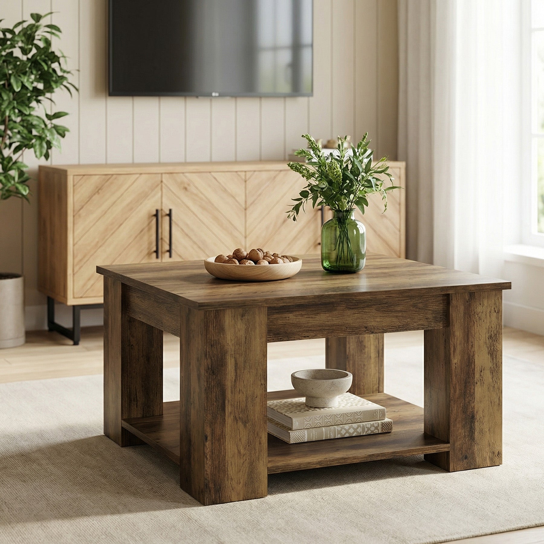 Tribesigns Quadratischer Couchtisch 80 cm, 2 Ebenen Wohnzimmertisch mit Ablage