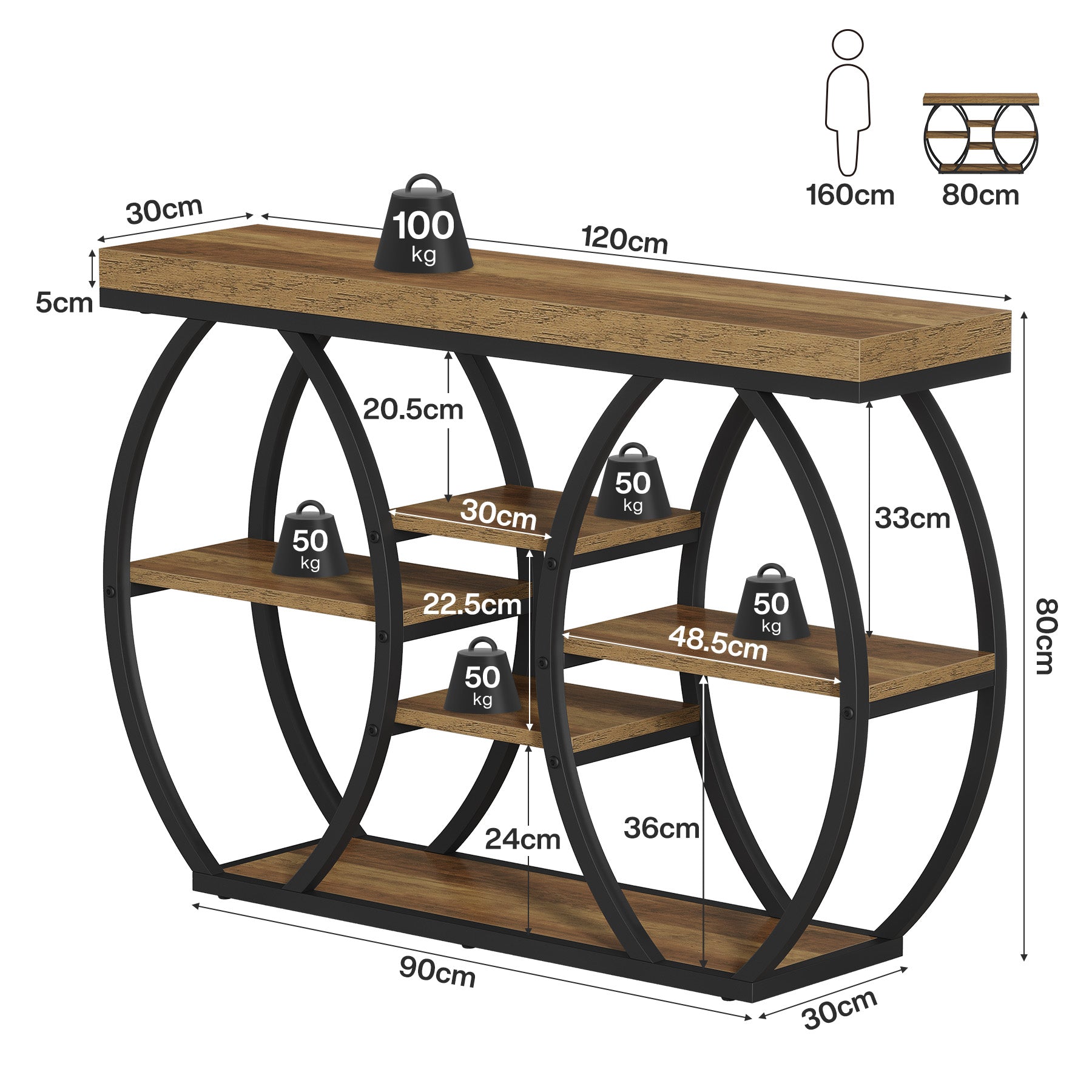 Tribesigns Konsolentisch 120 cm mit 6 Ablagen, Schmaler Flurtisch im Landhausstil mit Metallgestell
