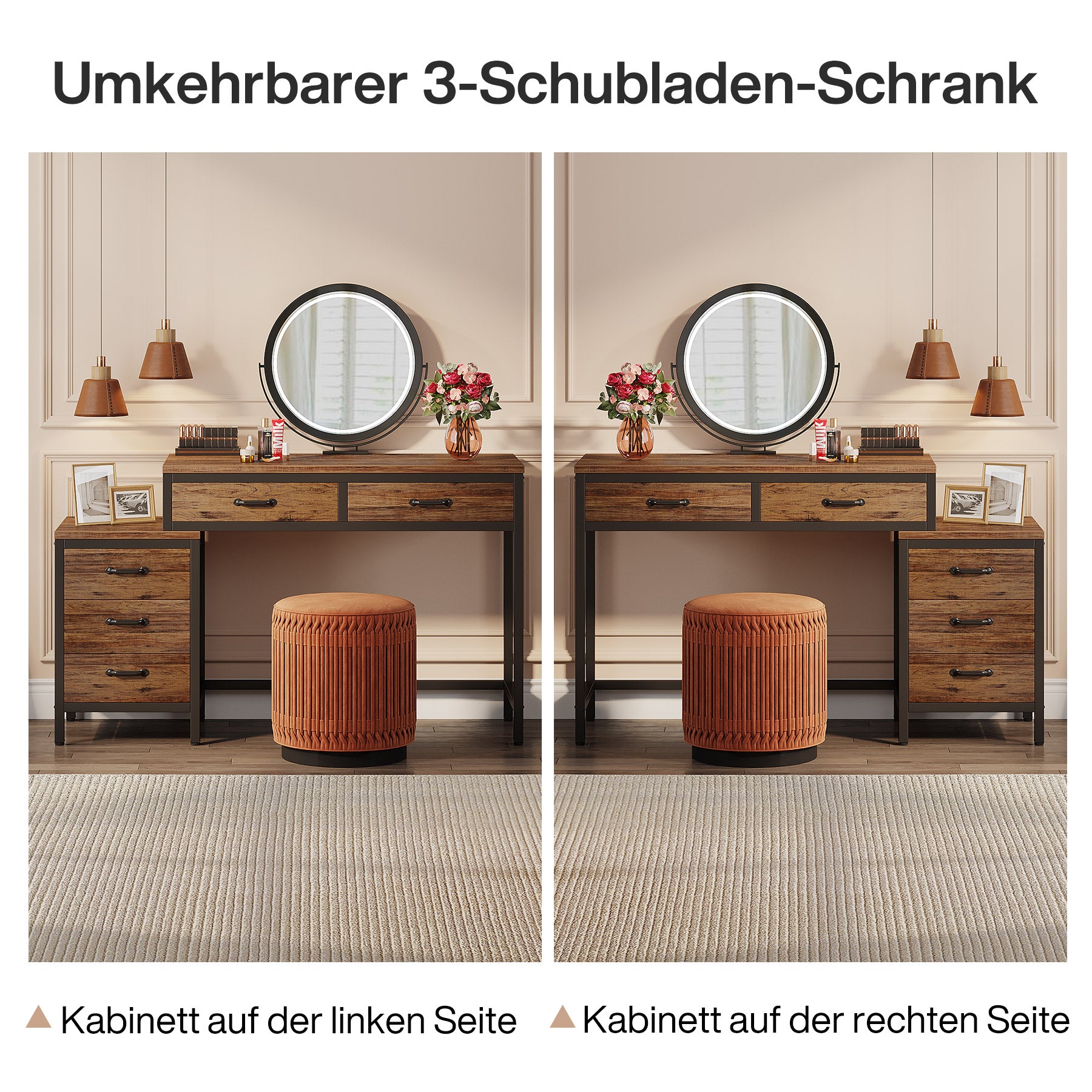 Computertisch mit 5 Schubladen, Schreibtisch fürs Arbeitszimmer mit umkehrbarem Schubladenschrank