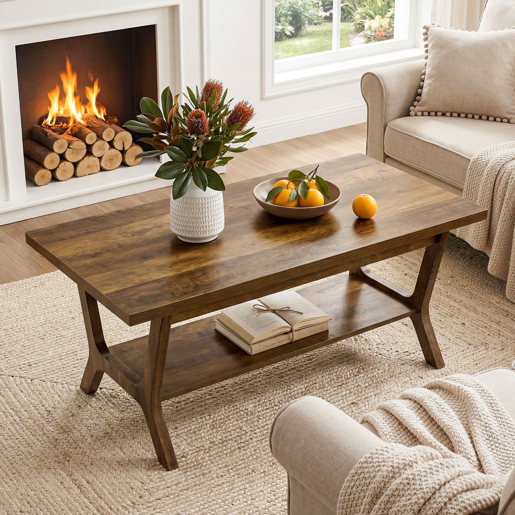Tribesigns Couchtisch 120 cm mit Ablage, Rechteckiger Wohnzimmertisch mit Stauraum im Landhausstil