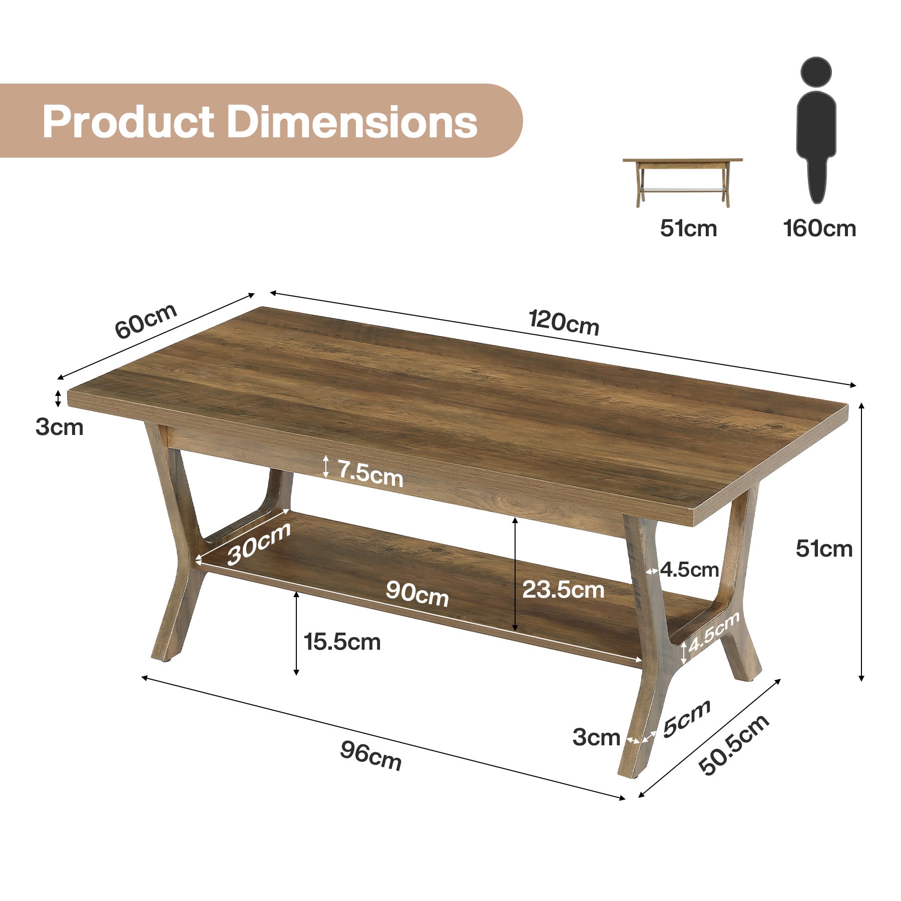 Tribesigns Couchtisch 120 cm mit Ablage, Rechteckiger Wohnzimmertisch mit Stauraum im Landhausstil