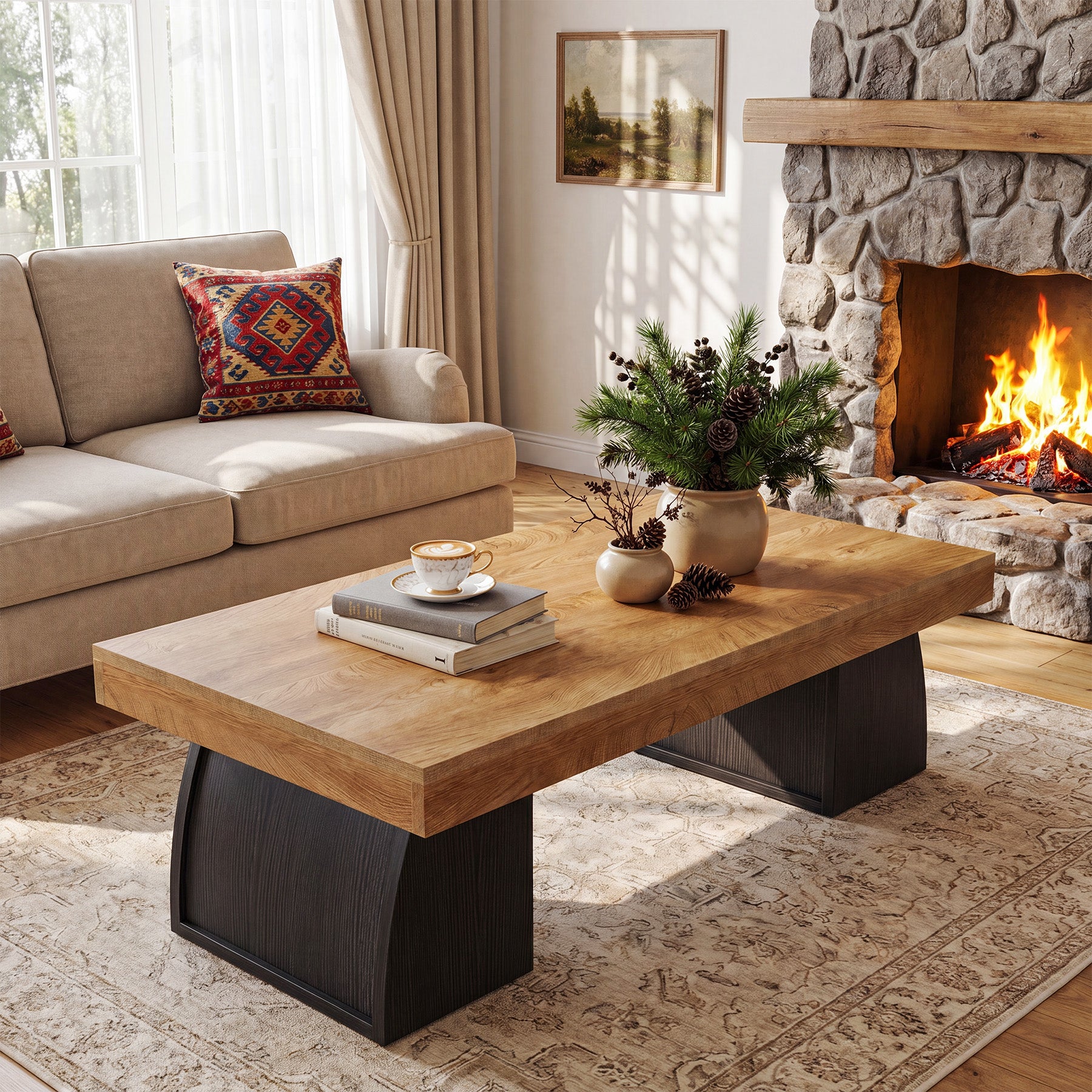 Tribesigns Couchtisch 140 cm, Wohnzimmertisch mit schwarzem Metallgestell im Industrial-Stil
