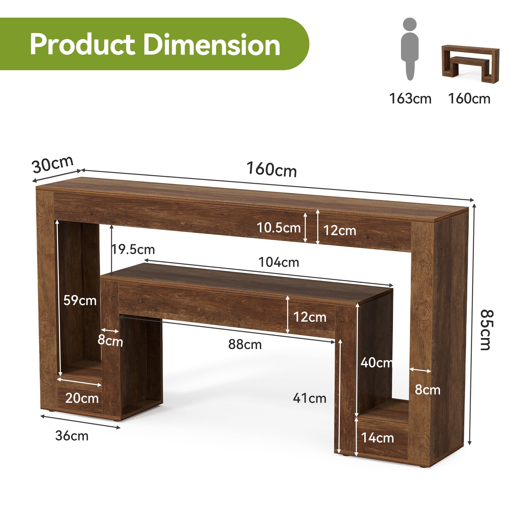 Schmaler Konsolentisch 160 cm, rustikaler Sofatisch mit 2 Ebenen