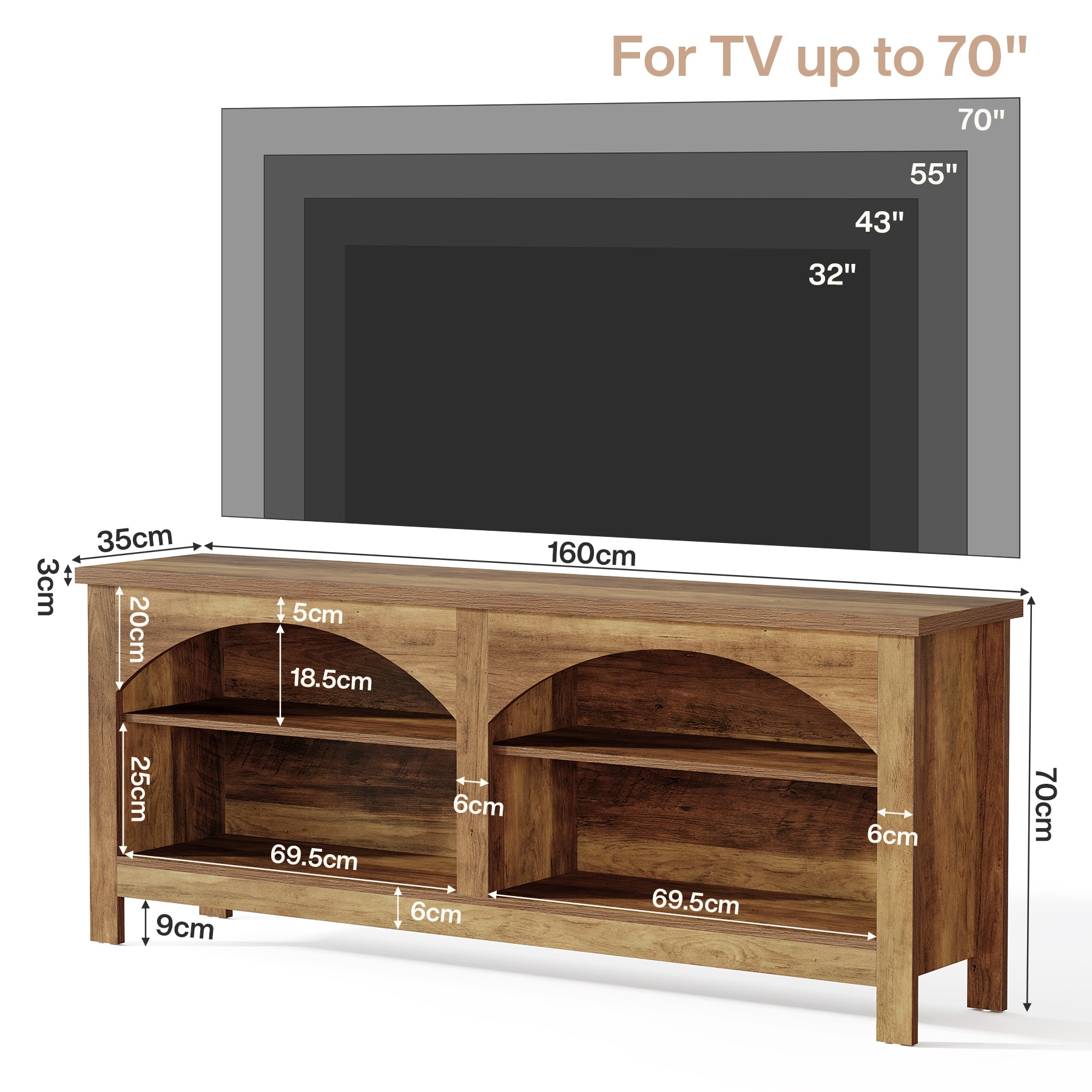 Tribesigns TV Lowboard 160 cm für Fernseher bis 70 Zoll, TV-Schrank im Landhausstil mit verstellbaren Ablagen