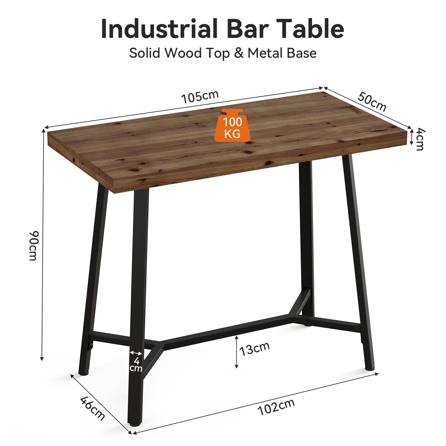 Tribesigns Massivholz Bartisch 105 cm für 2 Personen, Hochtisch mit Metallgestell & Fußstütze