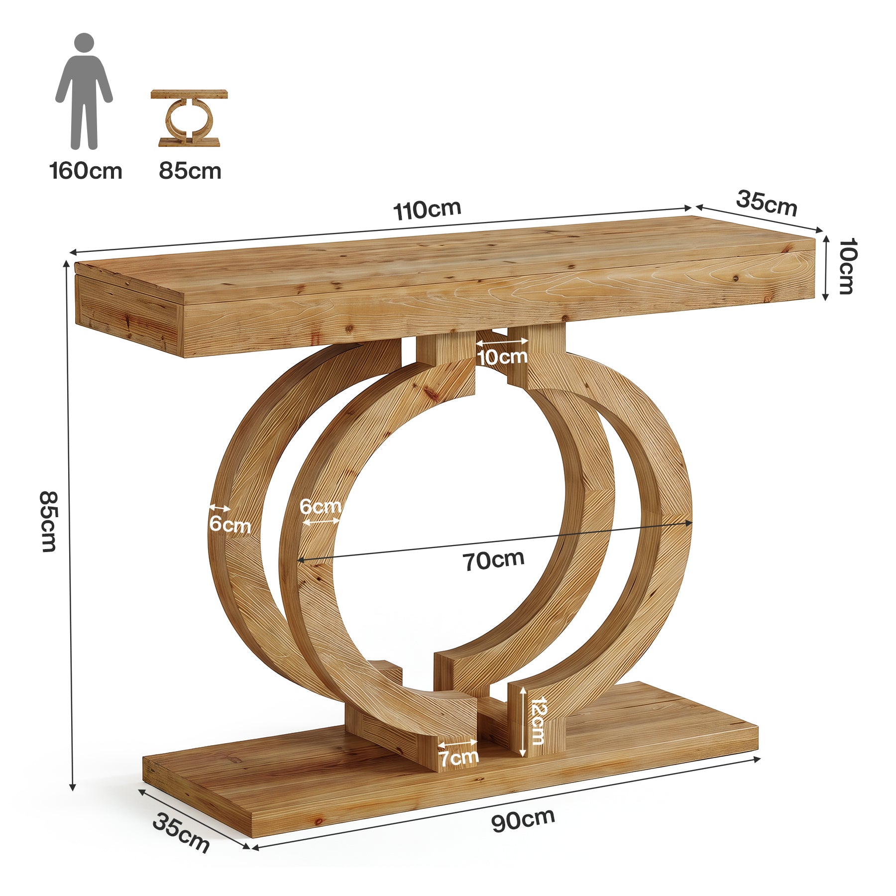 Tribesigns Massivholz Konsolentisch 110 cm, Schmaler Flurtisch mit dekorativem Doppelkreis-Gestell